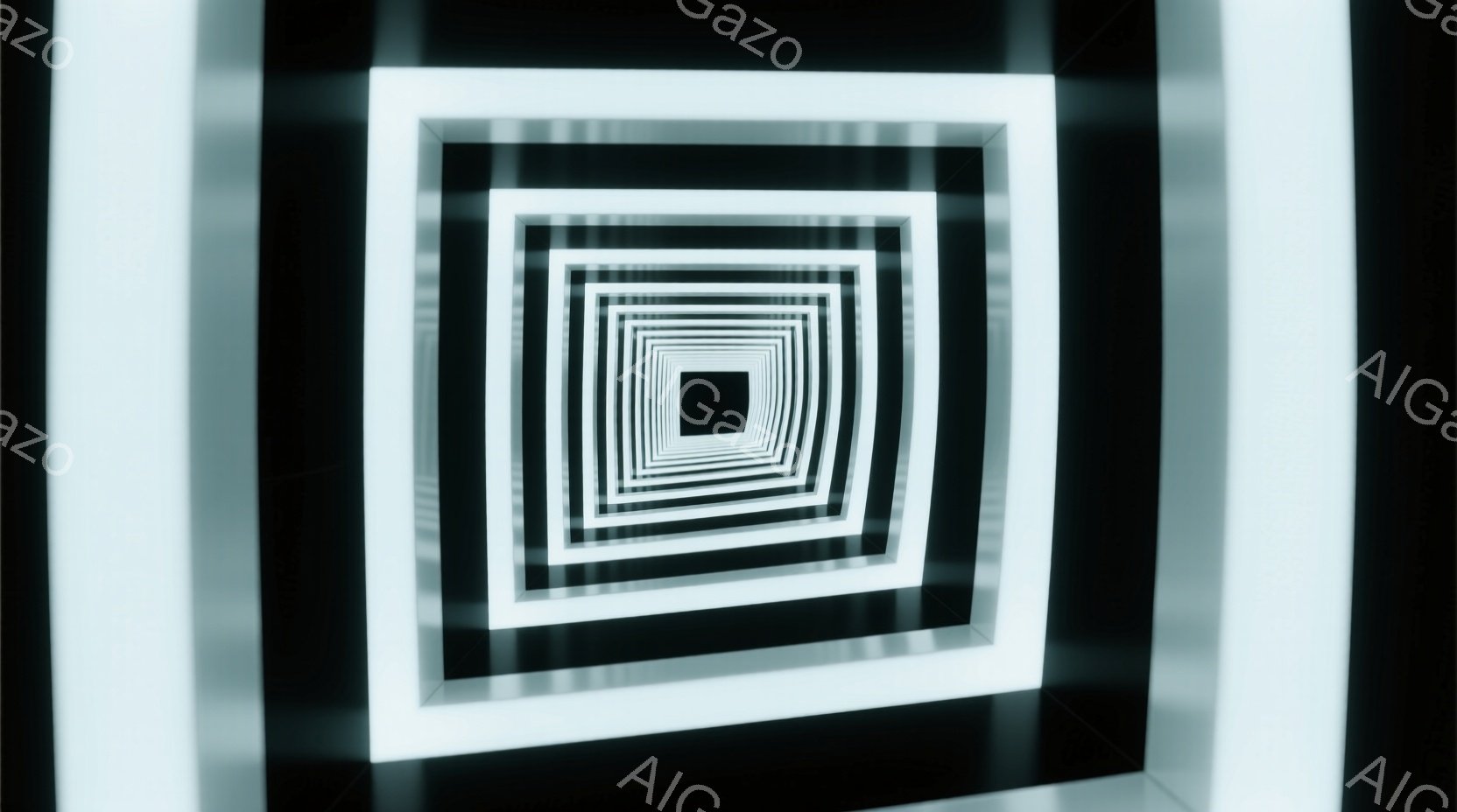 無限に続く白い光の正方形が重なり合い、視覚的な奥行きを作り出している。 各正方形は黒い背景に浮かび、内部に向かって徐々に小さくなっていくことで、無限のトンネルのような感覚を誘発する。 この画像は、ミニマルでありながら、見る者を引き込む強い視覚効果を持つ、抽象的な表現である。