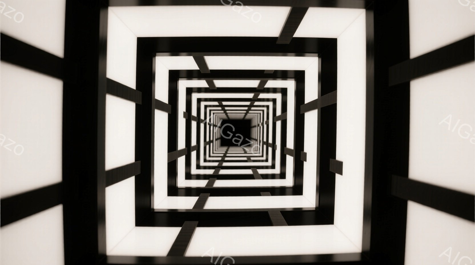 この画像は、無限に続くような白い正方形のトンネルを描いています。各正方形は黒い枠で区切られており、遠近法を利用して奥行きが強調されています。全体的に、ミニマルで幾何学的な印象を与える、抽象的な構成です。