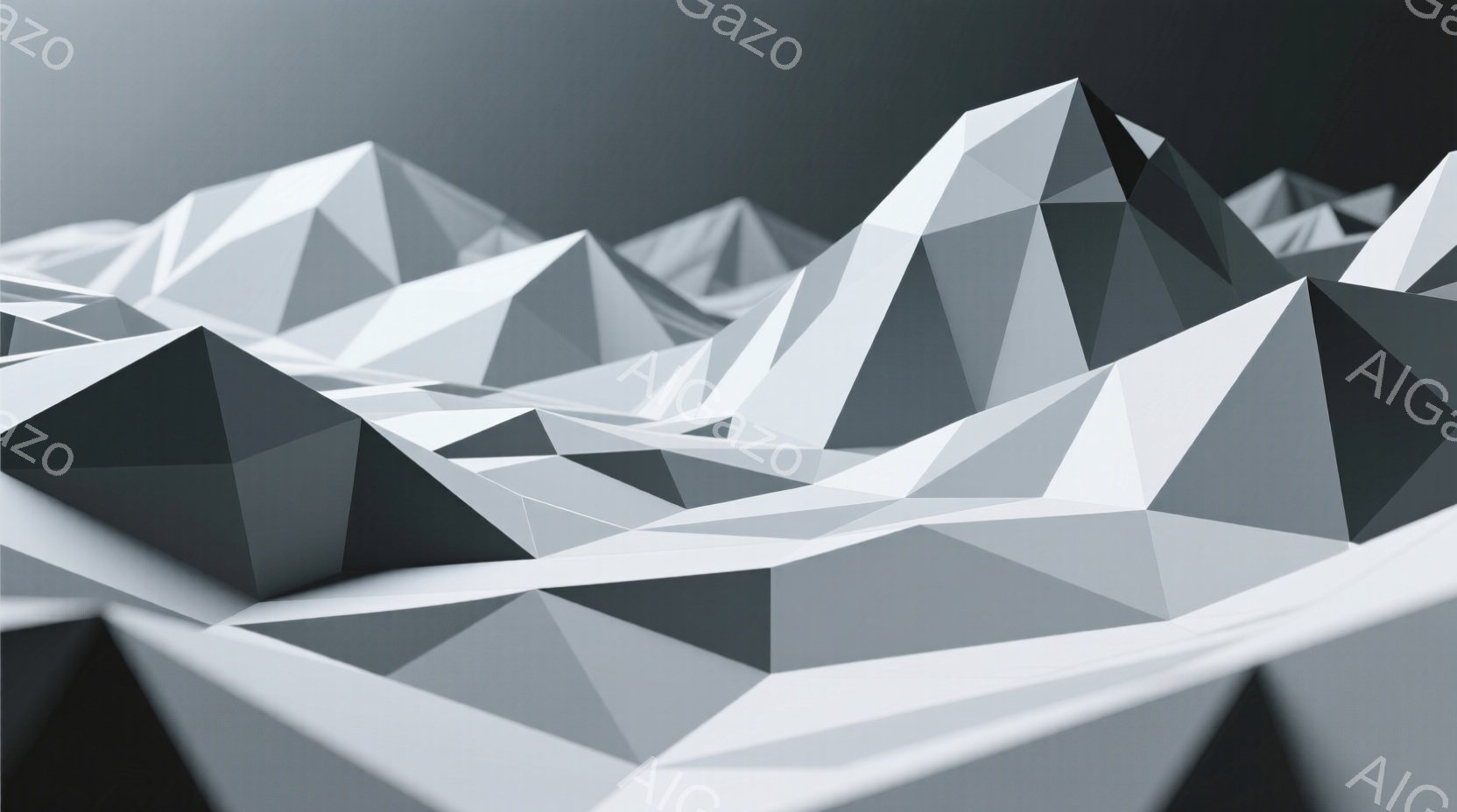 この画像は、多角形からなる起伏のある地形を描写しており、まるで氷河や山脈を抽象化したような印象を与えます。白とグレーのグラデーションが、光と影のコントラストを生み出し、冷たく静謐な雰囲気を醸し出しています。全体的にミニマルで幾何学的なデザインが特徴であり、視覚的な奥行きと立体感が際立っています。