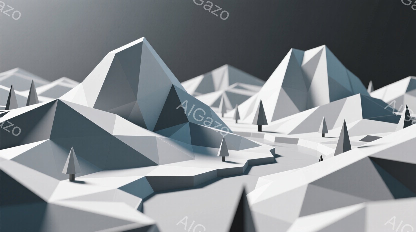 この画像は、多角形で構成された雪山や氷河の風景を描いています。白とグレーを基調とした色彩と、幾何学的な形状が特徴で、静かで冷たい雰囲気を醸し出しています。遠くには小さな三角形の木々が点在し、冬の寒さを強調しています。