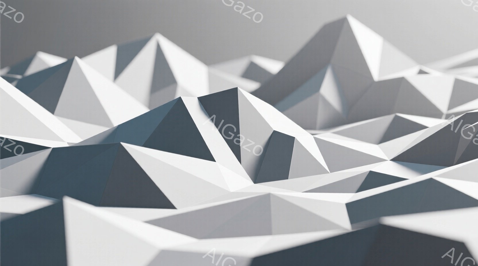 この画像は、多数の多角形が積み重なってできた抽象的な風景を描いています。白とグレーのニュアンスで構成され、光と影が複雑に絡み合い、まるで氷山や山脈のような立体的な空間を作り出しています。全体的に静かで - AI生成フリー素材