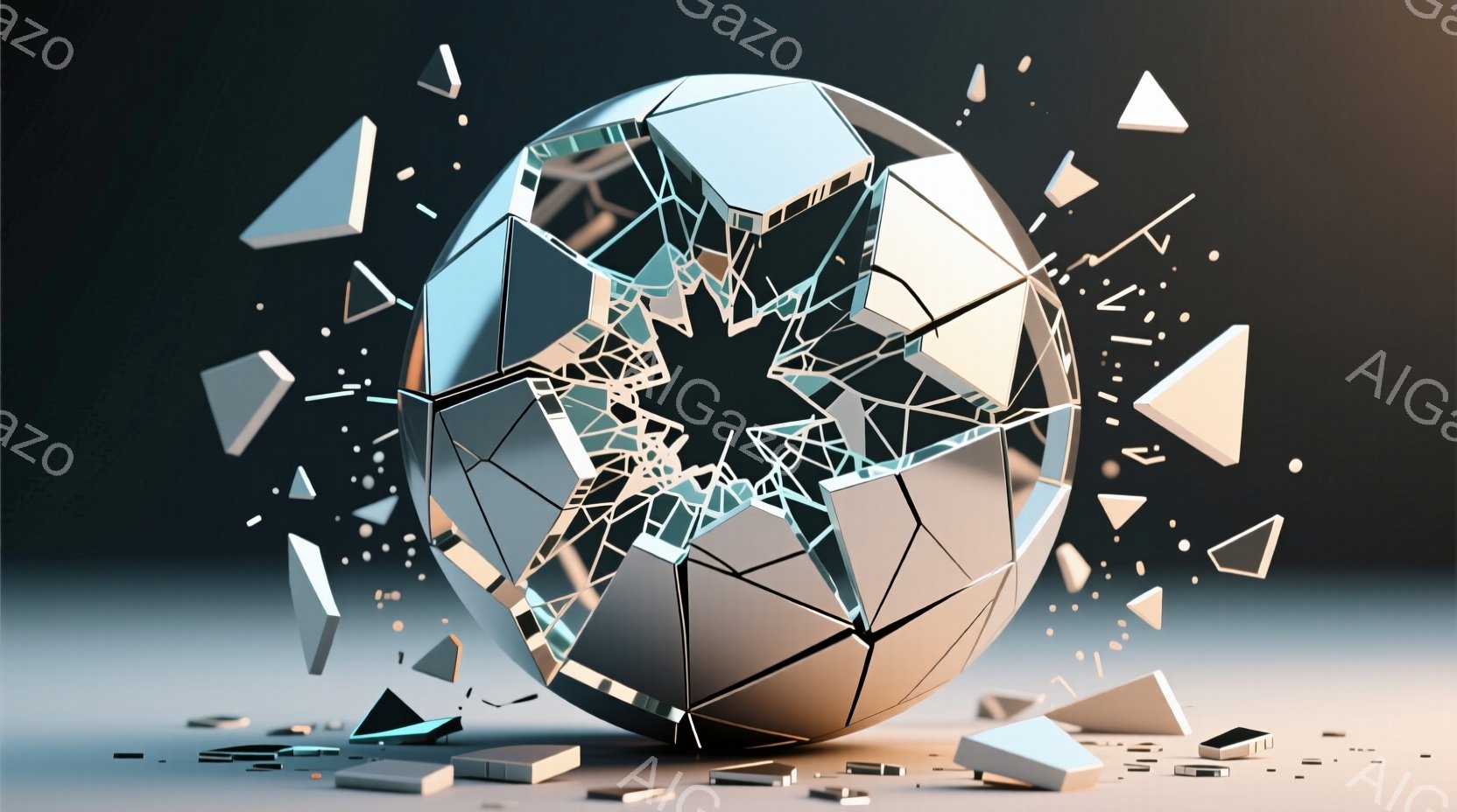 砕け散る球体が捉えられています。球体は金属のような質感で、複雑なひび割れが走り、破片が飛び散っています。背景は暗いグレーで、球体と破片が浮かび上がるように照らされており、破壊と変容の瞬間を捉えた静的なイメージです。