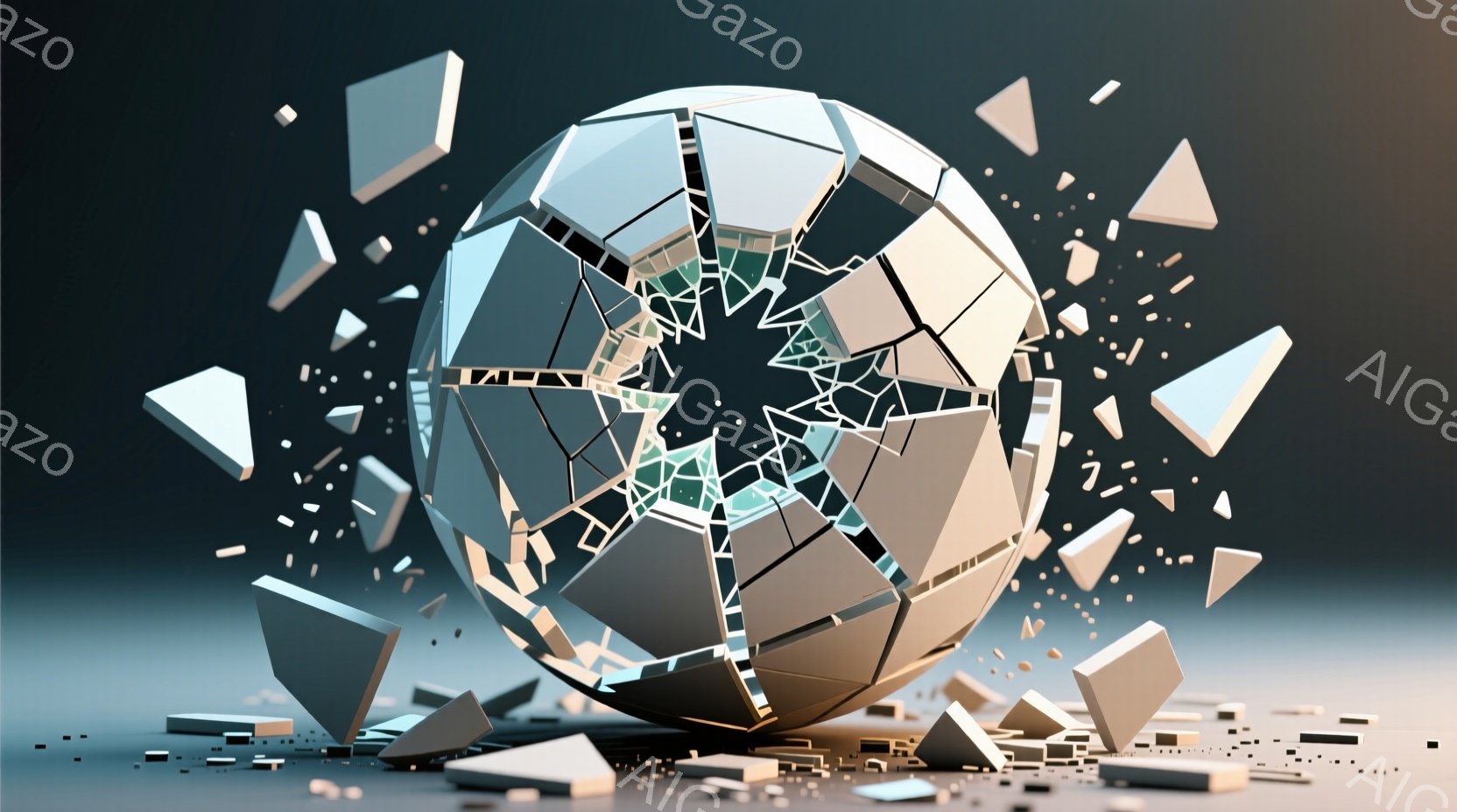 巨大な球体が、まるでガラスが割れるように砕け散っている様子が描かれている。球体の破片は様々な方向に飛び散り、床にはすでに砕けた破片が散乱している。背景は暗いグレーで、球体の破片が際立っており、破壊と崩壊のドラマチックな瞬間を捉えている。