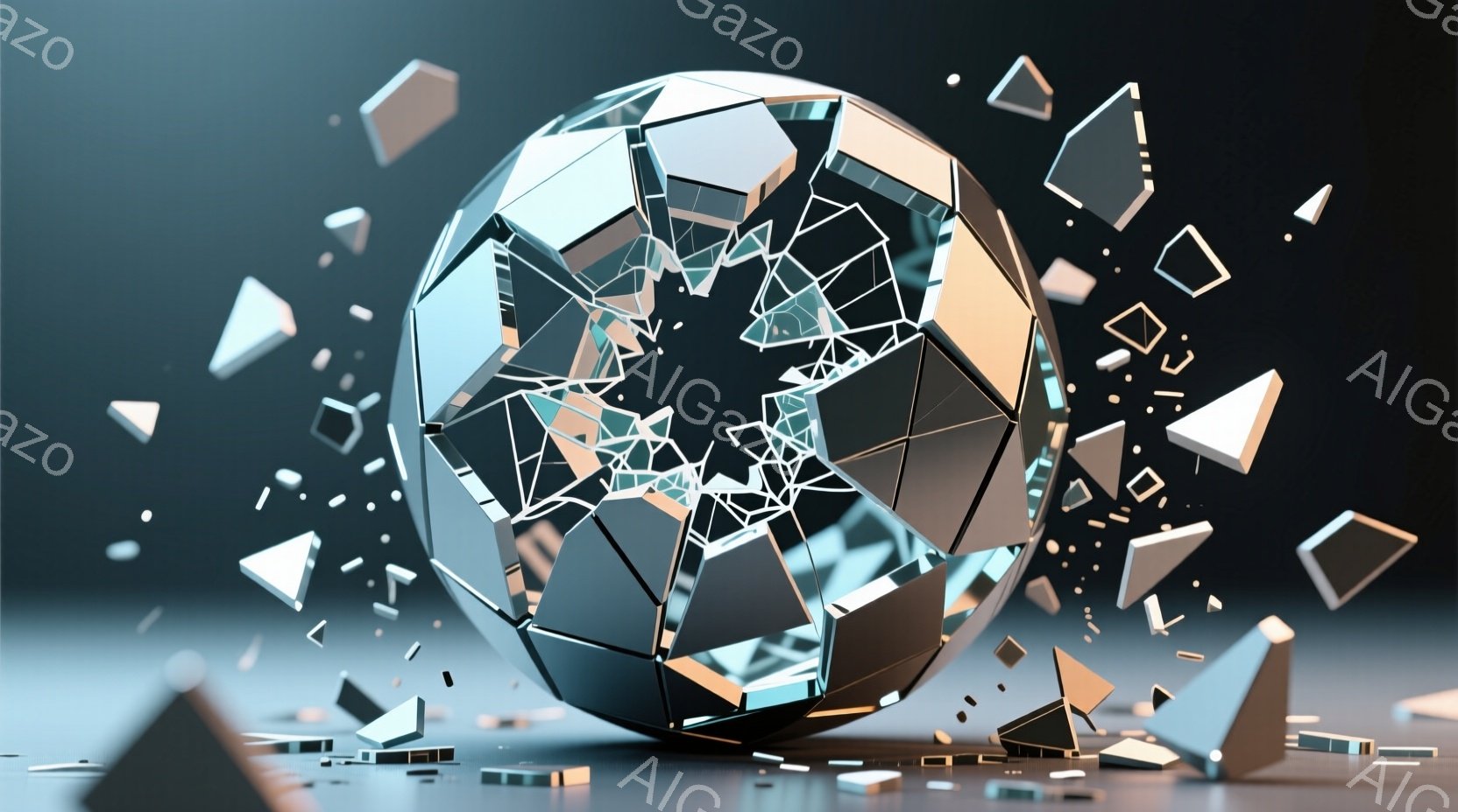 砕け散るジオメトリ状の球体が、薄暗いグレーの背景に浮かび上がっている。球体は多角形に分断され、破片が四方八方に飛び散り、床に散らばった小さな破片がさらにその状況を強調している。この表現は、破壊、崩壊、あるいは変化といった概念を、鮮烈な視覚的インパクトで伝えている。