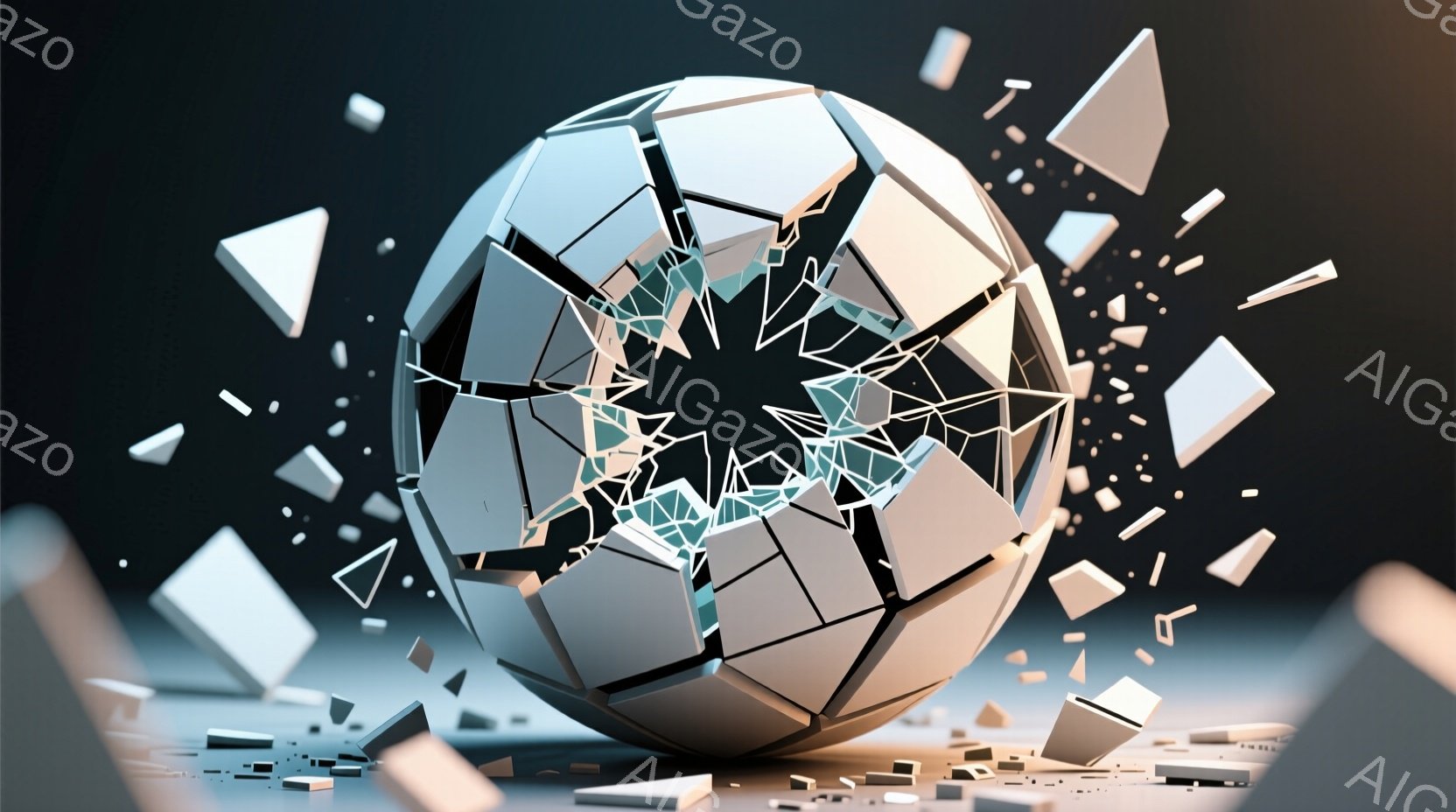 白い球体が無数の破片に砕け散る様子が捉えられています。球体は光沢があり、その中心部は暗く、まるで空間が歪んでいるかのような印象を与えます。背景は暗いグレーで、砕けた破片が宙を舞い、破壊とエネルギーが放出されているダイナミックな瞬間を表現しています。