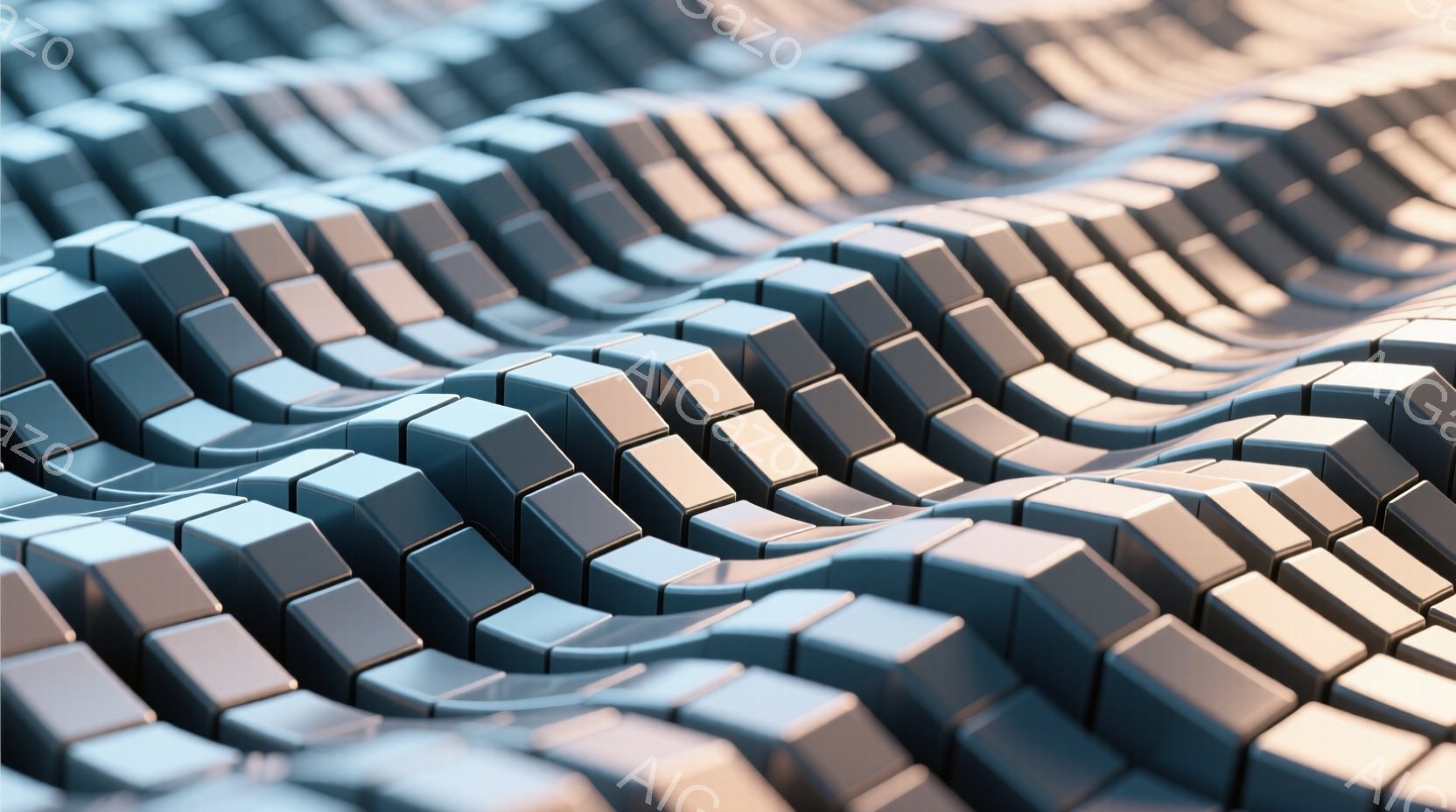 均一な立方体が波のような形に連なり、金属的な光沢を放っている。それぞれの立方体は影を持ち、立体感を強調し、全体として流れるような有機的なフォルムを構成している。このパターンは、未来的なテクスチャや、無限に続く抽象的な風景を連想させる。