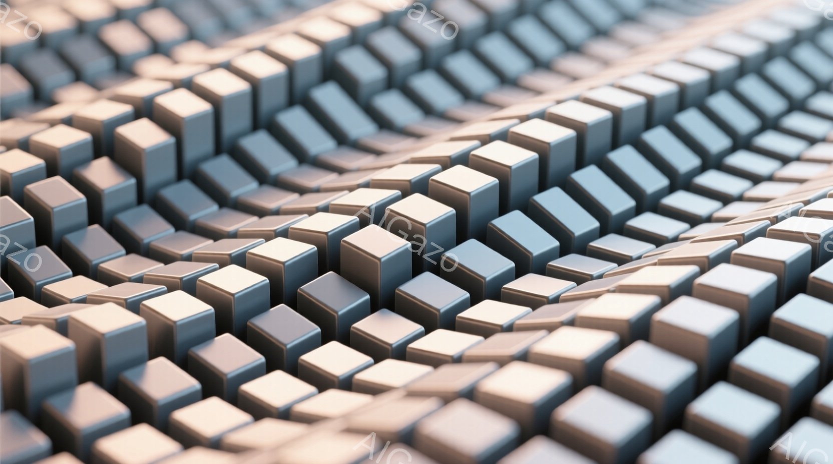この画像は、規則的に並んだ立方体の密集した集合を描いており、表面にわずかな波状のパターンがみられます。立方体は銀色または灰色で、光が当たってわずかな影ができ、質感と奥行きを強調しています。 全体的な雰囲気は、抽象的で幾何学的であり、工業的なまたは未来的なデザインを連想させます。