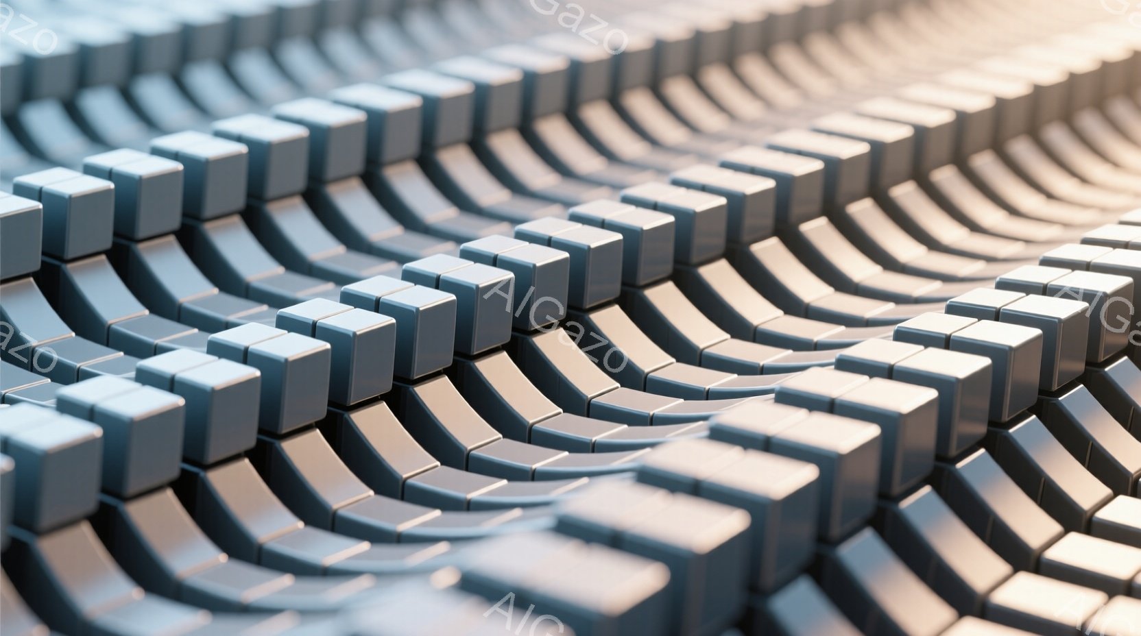 この画像は、規則的に並んだ小さな立方体ブロックが波打つように連なる様子を捉えたものです。ブロックは銀色または灰色で、光沢があり、均一な質感で、まるで金属製の彫刻作品のようにも見えます。全体的に未来的で - AI生成フリー素材