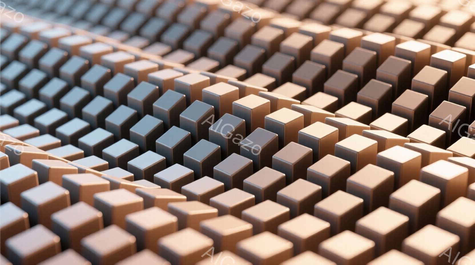 画像は、規則的に並んだ小さな立方体で構成された、抽象的なテクスチャを捉えています。立方体は微妙な影を持ち、金属のような光沢があり、奥行きと立体感を生み出しています。全体的に、均一で静的な雰囲気を持ち、幾何学的なパターンが視覚的な興味を惹きつけます。