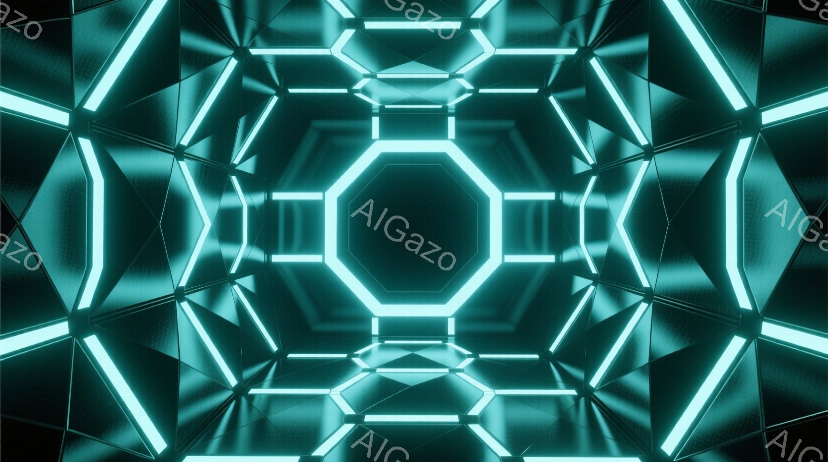 この画像は、明るいターコイズ色の発光する幾何学的なトンネルを描写しています。壁面は多角形で構成され、無限に続くように反射し合い、中央には大きな八角形の光の枠が浮かび上がっています。全体として未来的な、 - AI生成フリー素材