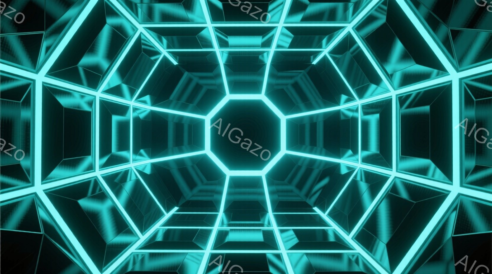 この画像は、ネオンブルーの光る幾何学的なトンネルを描いています。六角形が中心から放射状に広がり、奥行きのある視覚効果を生み出しています。全体的に未来的な雰囲気で、サイバーパンクやSFの世界観を連想させ - AI生成フリー素材