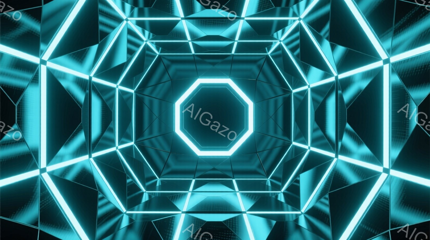 鮮やかな青色のネオンライトが幾重にも重なり合った、未来的なトンネルのような空間が描かれています。幾何学的な構造が中心に向かって収束し、奥へと続く奥行きを感じさせます。全体的にクールで神秘的な雰囲気を持 - AI生成フリー素材