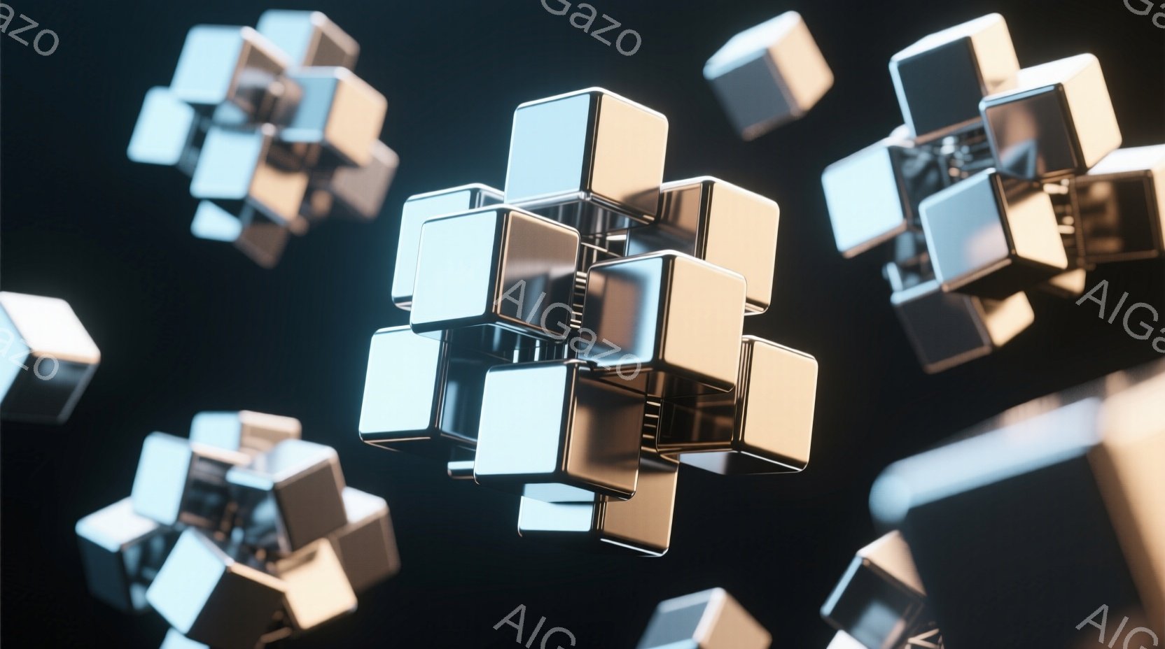 鮮やかな金属光沢を持つ立方体が、暗い背景の中で浮かび上がっています。それぞれの立方体は複雑な内部構造を持ち、光が反射して鋭い影を生み出しています。全体的に未来的な雰囲気で、精密さと抽象性が強調されています。