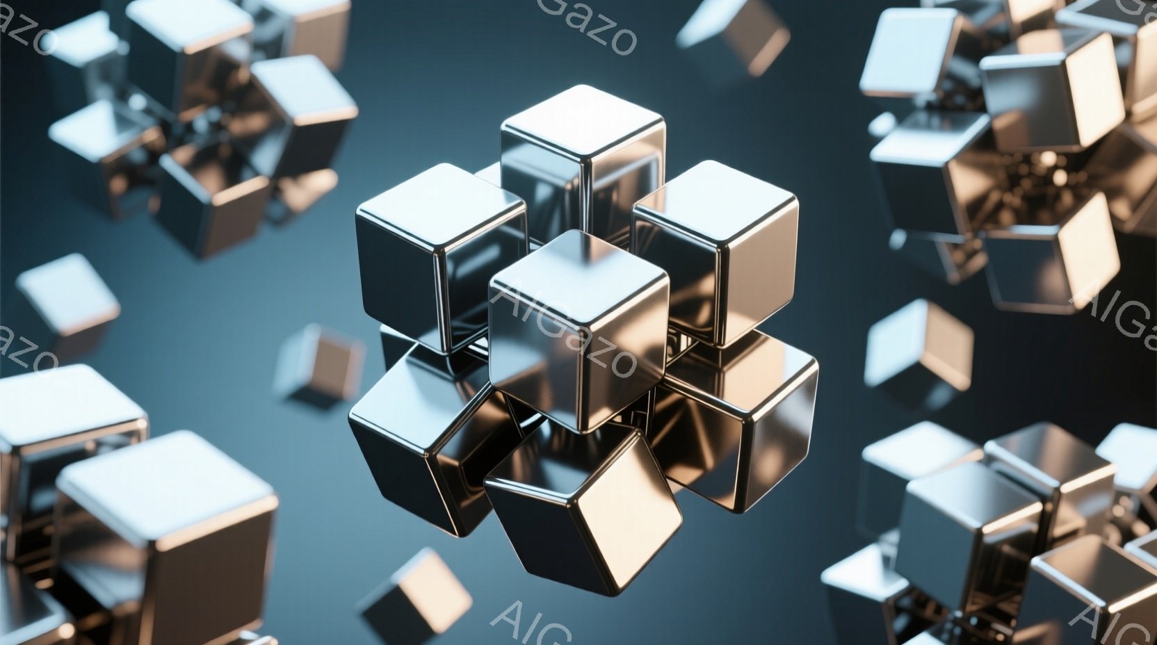 複数の金属製の立方体が、暗い青色の背景に浮かんで配置されている様子が描かれている。立方体は鏡面仕上げで、周囲の光を反射し、ハイライトと影が強調されている。全体的に未来的で、ミニマルな雰囲気で、光と影のコントラストが印象的である。