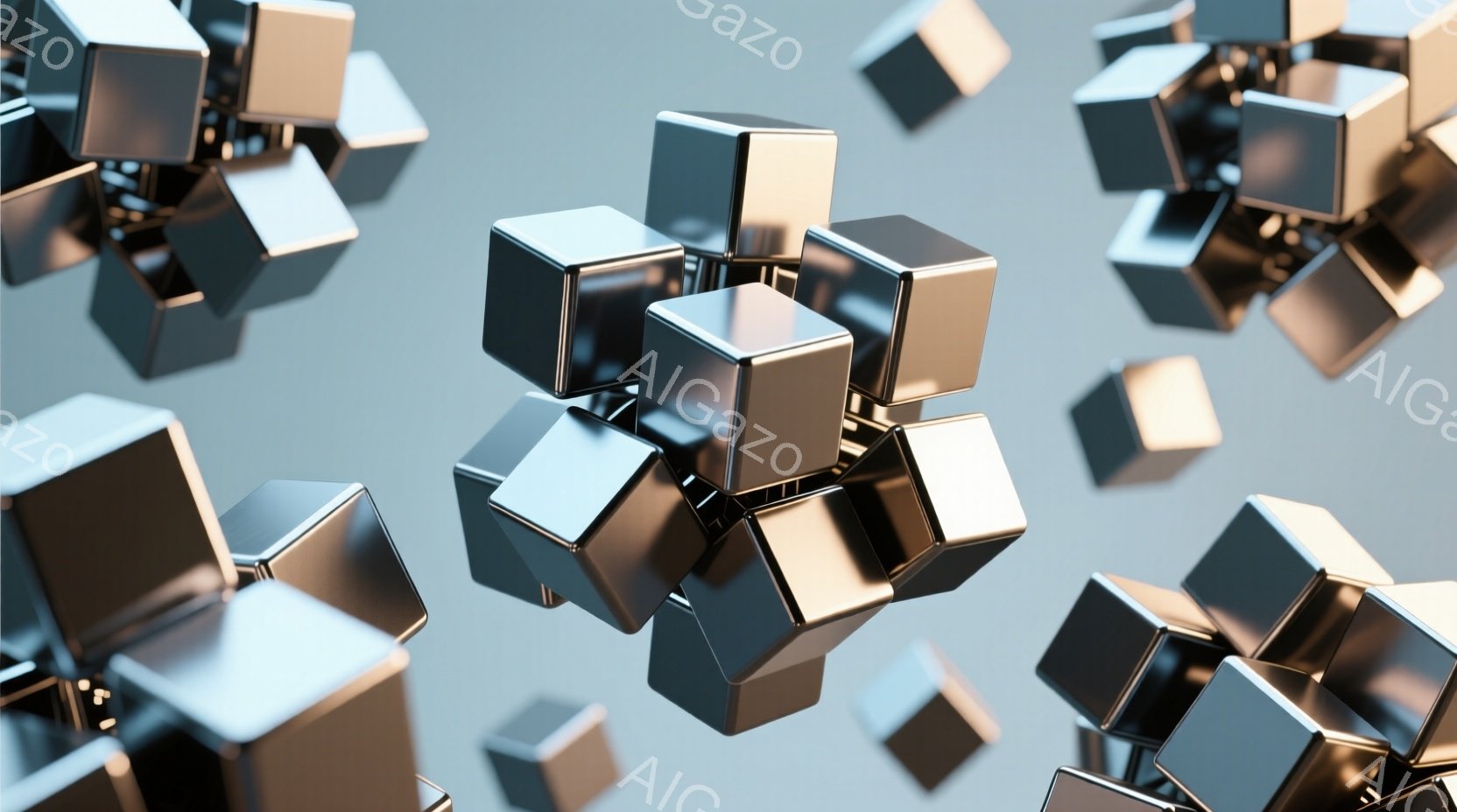 複数の金属製の立方体が、淡いグレーの背景に浮かび、互いに重なり合っている様子が描かれている。立方体は光沢があり、反射が確認でき、まるで無重力空間に漂うオブジェのようである。全体的にミニマルで現代的な印象を与え、静寂と洗練された雰囲気を醸し出している。