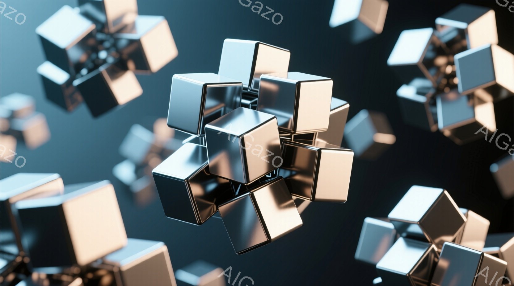 画像には、磨かれた金属製の立方体が無数に空中に浮遊している様子が描かれています。立方体は銀色と金色の光沢を持ち、互いに重なり合いながら複雑なパターンを形成しています。背景は暗いグレーで、立方体の金属的 - AI生成フリー素材