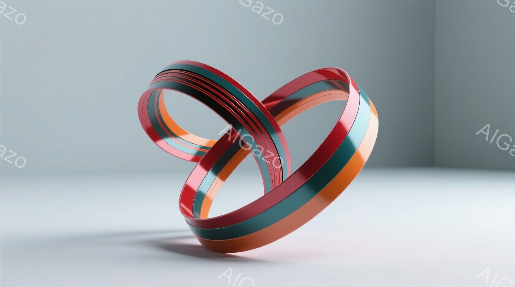 鮮やかな赤、オレンジ、緑の帯が絡み合ったオブジェが、明るいグレーの背景に浮かび上がっています。帯は滑らかな曲線を描き、互いに絡み合いながら、不思議な立体的な形を作り出しています。影が柔らかく落ちており、オブジェクトの奥行きと立体感を強調しています。