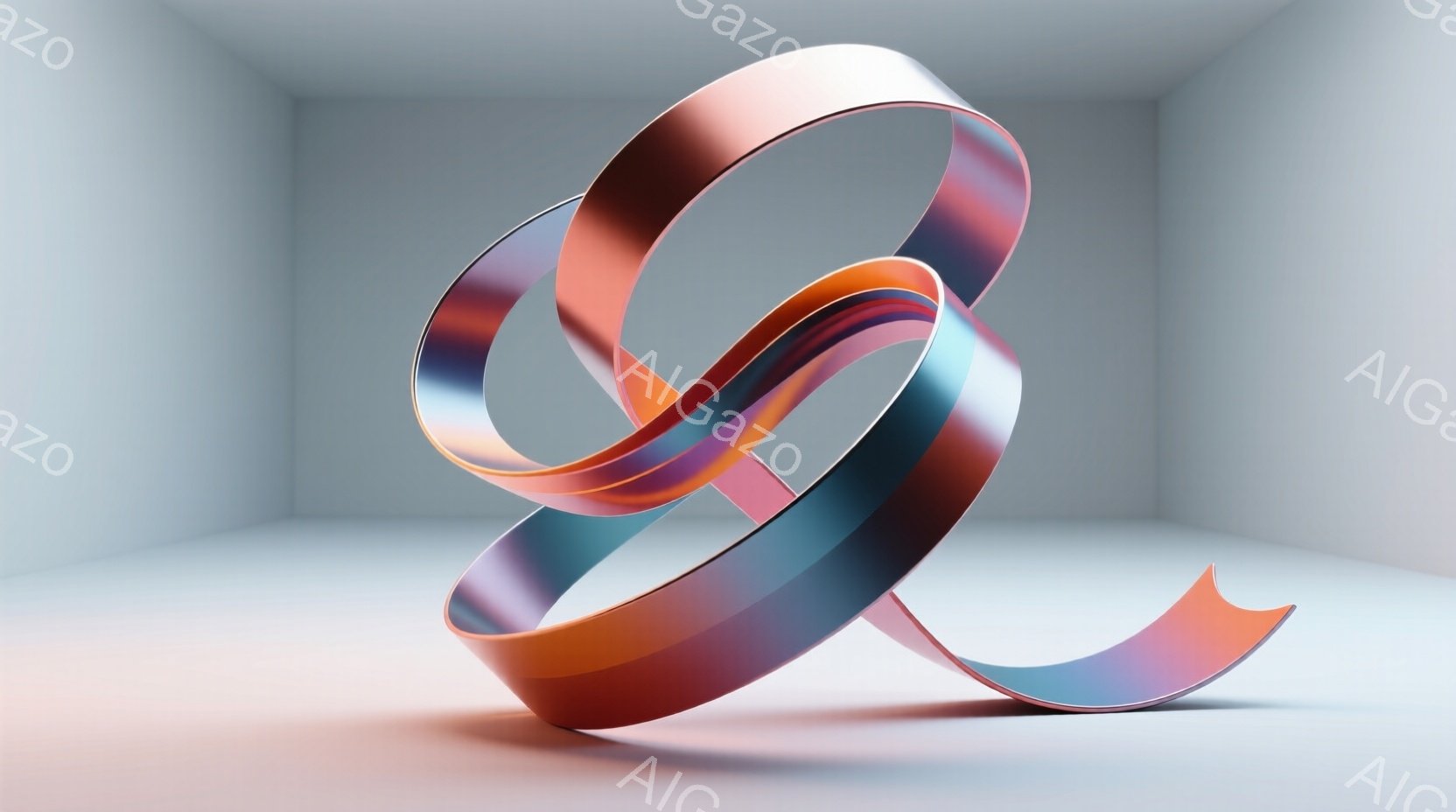 滑らかな曲線を描く、赤、青、オレンジ色のリボン状のオブジェが、白い立方体空間に浮かんでいる。光沢のある素材は、柔らかい影を落とし、ミニマルな背景と相まって、洗練された現代的な雰囲気を醸し出している。鮮やかな色彩と流れるような形状が、見る者に心地よい印象を与えるアート作品である。