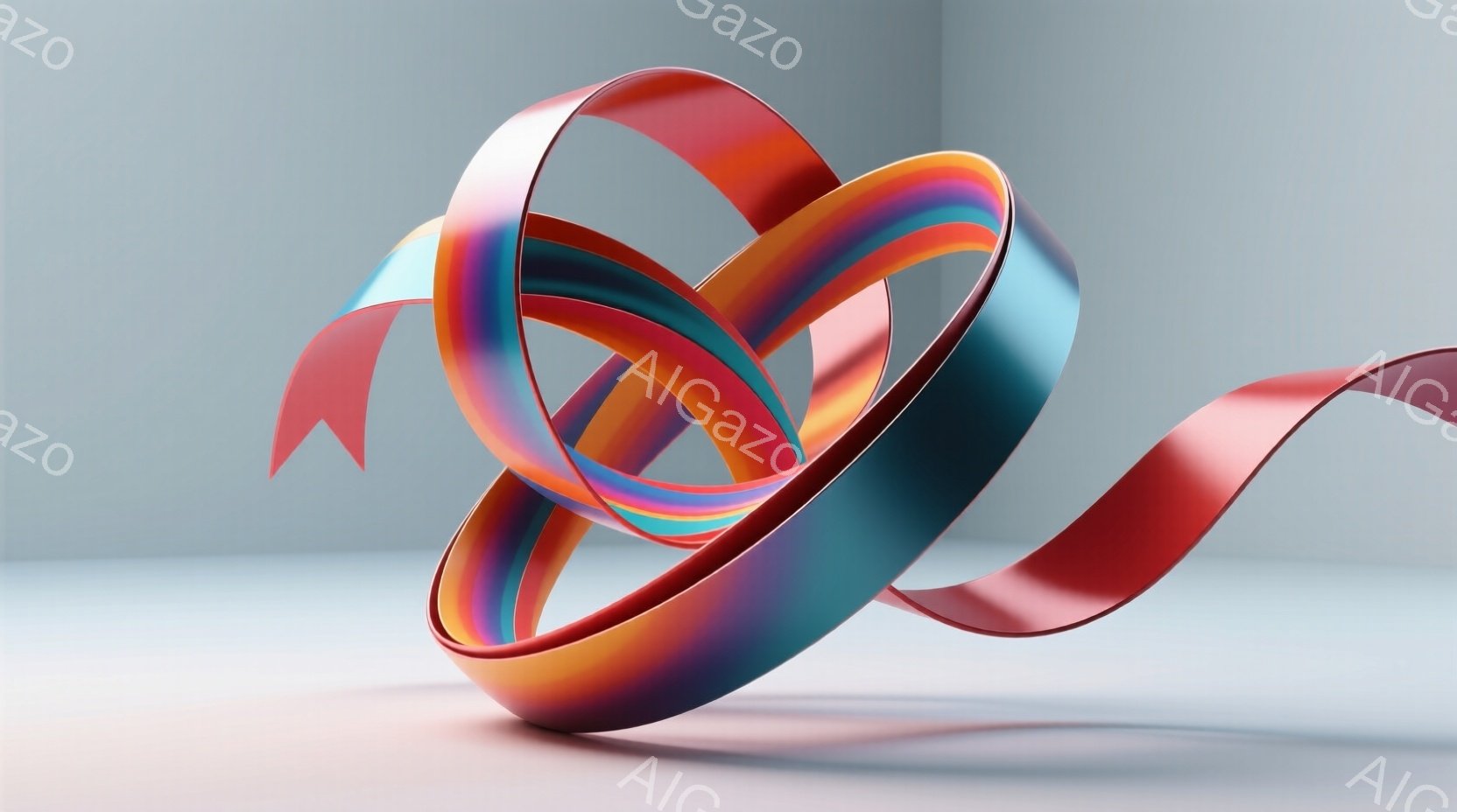 滑らかな赤いリボンが、青、紫、黄色、オレンジといった鮮やかな色彩で構成された複雑なループを描き、明るい灰色または白っぽい背景に浮かび上がっています。リボンの表面は光沢があり、影は柔らかく、全体的にモダンで抽象的な雰囲気を作り出しています。この構成は、流動性と動きを感じさせる視覚的な表現です。