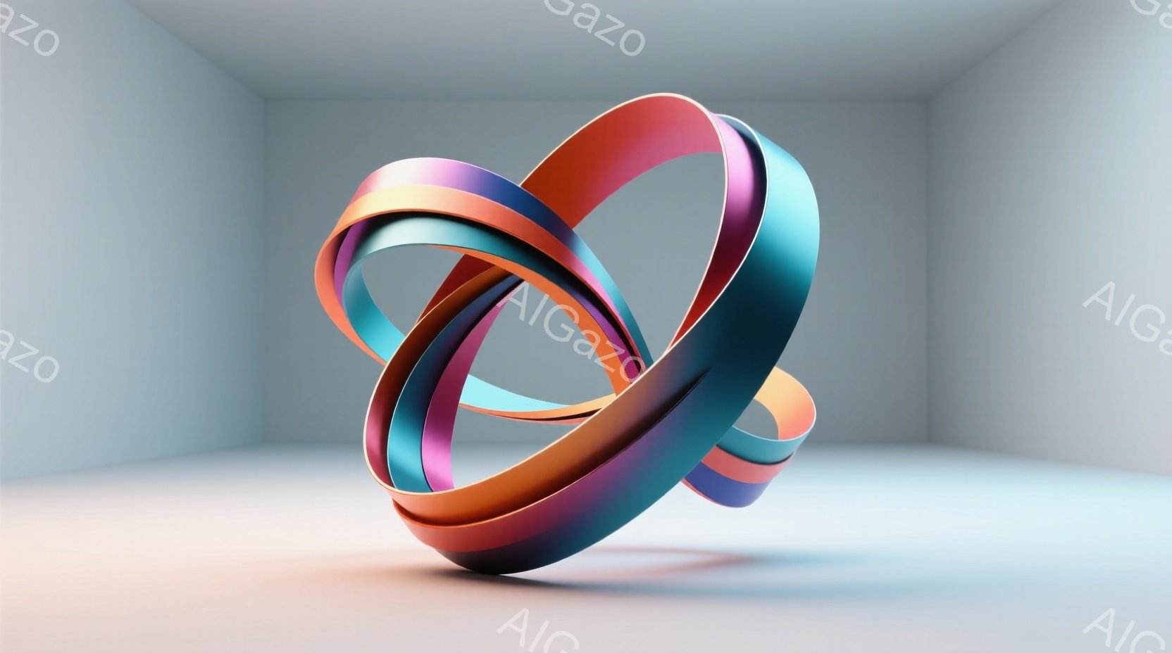 鮮やかなオレンジ、紫、ターコイズブルーの帯のようなオブジェクトが、白くミニマルな立方体空間に浮かんでいる。光沢のある表面が、滑らかで流れるような形状を際立たせ、影が床に投影されている。全体的に、モダンで抽象的なアート作品のような雰囲気を醸し出している。