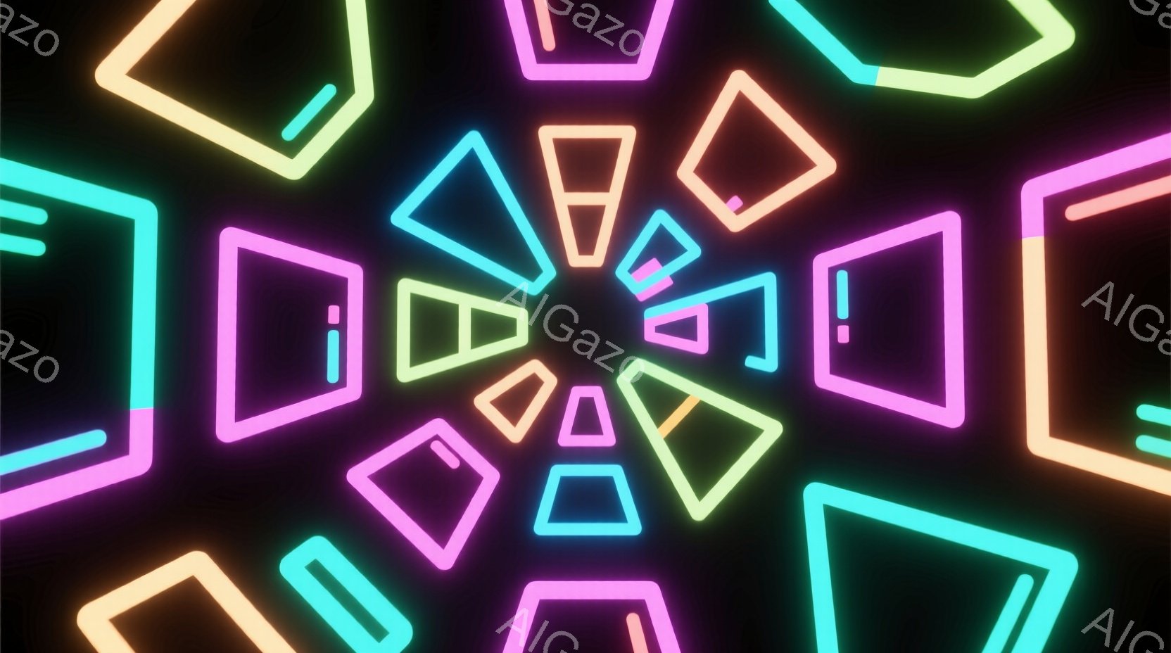 鮮やかなネオンカラーの様々な形をした線が、暗い背景の中で渦を巻くように配置されている。三角形、四角形、その他の幾何学的な形が明るく輝き、未来的な雰囲気を醸し出している。 全体として、このイメージは視覚 - AI生成フリー素材