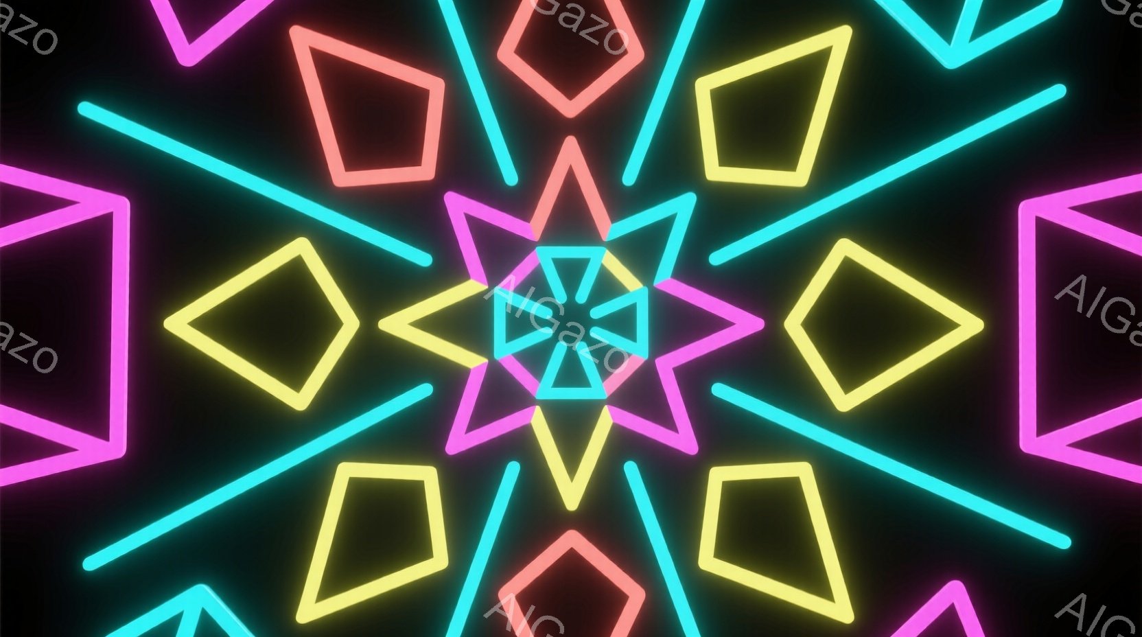 鮮やかなネオンカラーの線が、黒色の背景に放射状に配置された抽象的なデザインです。ピンク、水色、黄色、オレンジ色の線が、正方形、三角形、その他の幾何学的な形状を形成し、中心に向かって収束しています。全体として、未来的な雰囲気とエネルギーに満ちた、ダイナミックな視覚効果を生み出しています。