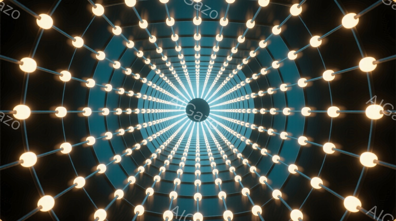 無数の電球が同心円状に配置され、深い青色のトンネルのような空間が広がっている。光は鮮やかで、視覚的に無限に続くような奥行きを作り出しており、幻想的で未来的な雰囲気を醸し出している。この構成は、あたかも光の渦の中に引き込まれるような感覚を与える。