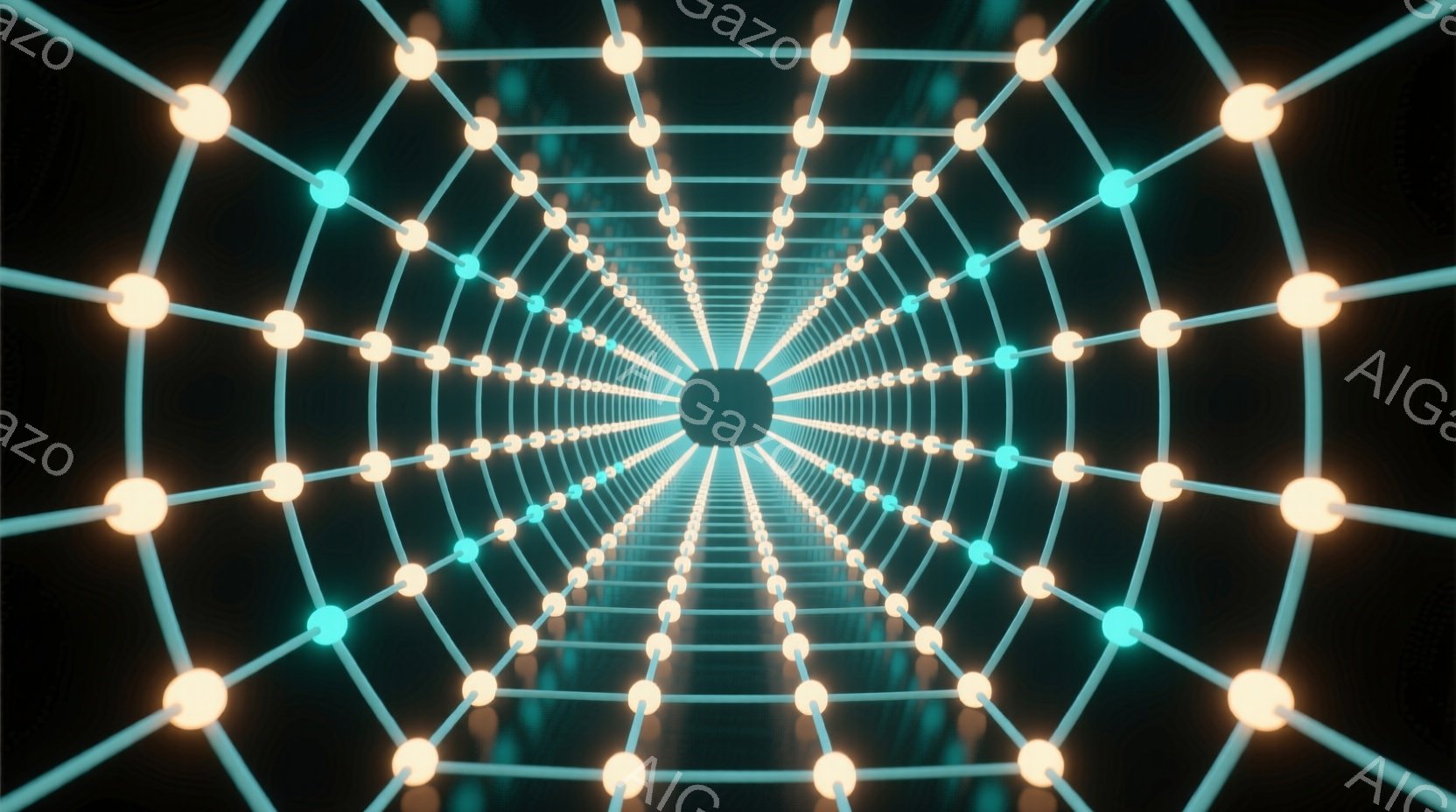 この画像は、中心に向かって収束する光の球と、それらを繋ぐ青緑色の線で構成されたトンネルのような視覚効果を表現しています。球体は明るく輝き、その光が青緑色の線に沿って広がり、無限に続く奥行きを感じさせます。全体的に、未来的なテクノロジーや、神秘的な空間への入り口を思わせる、幻想的で奥行きのある雰囲気を醸し出しています。