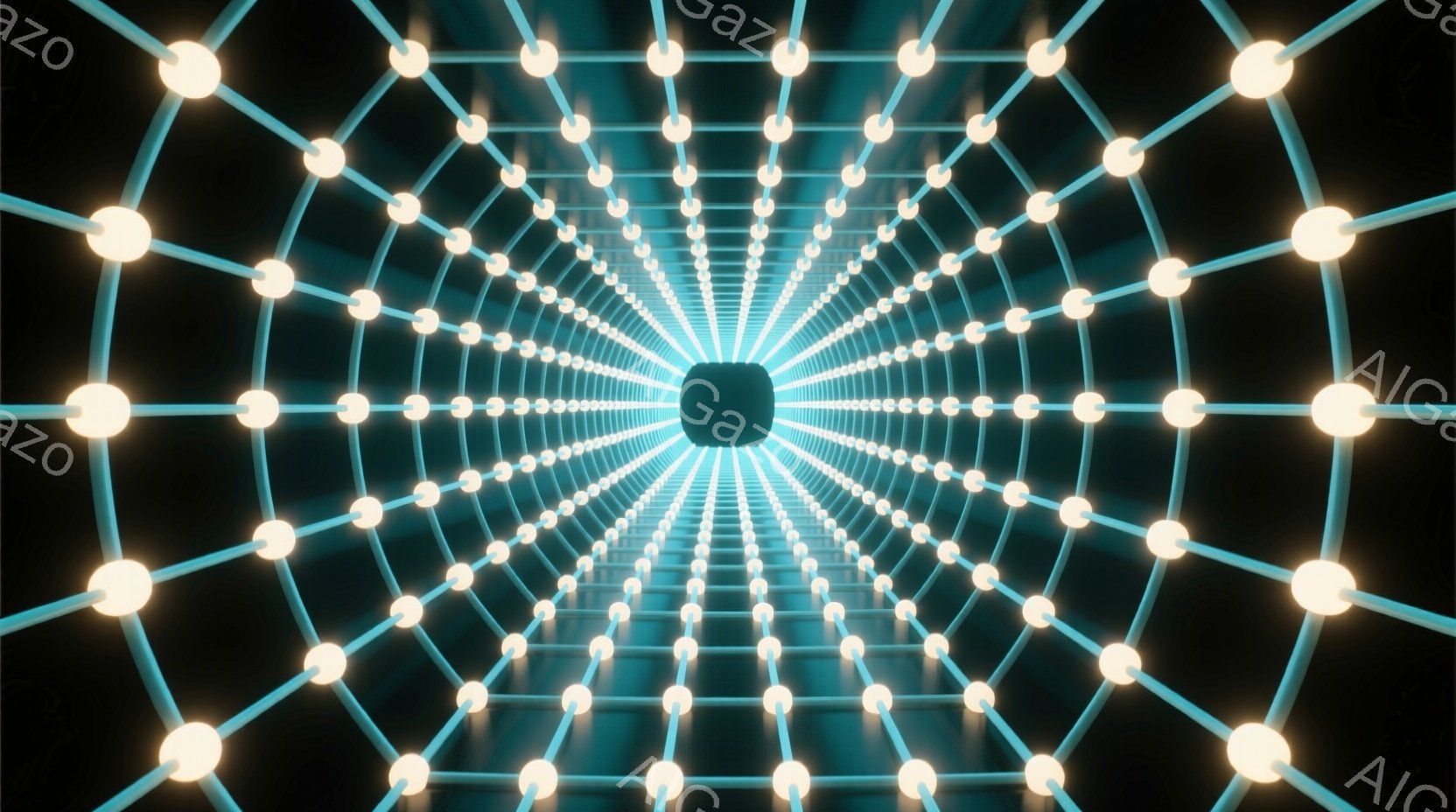 無数の光る球体が、放射状に広がる青い線で繋がれたトンネルのような空間が描かれている。球体と線は遠近法によって小さく表示され、無限に続くような奥行きを作り出している。全体的に未来的で、サイバーパンク的な雰囲気を醸し出している。