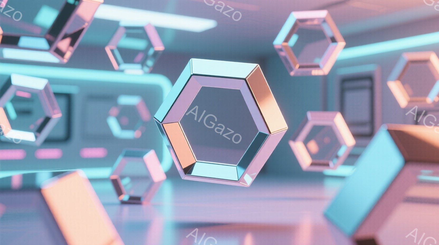 鮮やかな水色とピンクの光が照らす、幾何学的な空間が広がっている。多角形の結晶のようなオブジェが浮遊しており、光を反射してきらめいている。全体的に未来的な雰囲気で、クールで洗練された印象を与える。