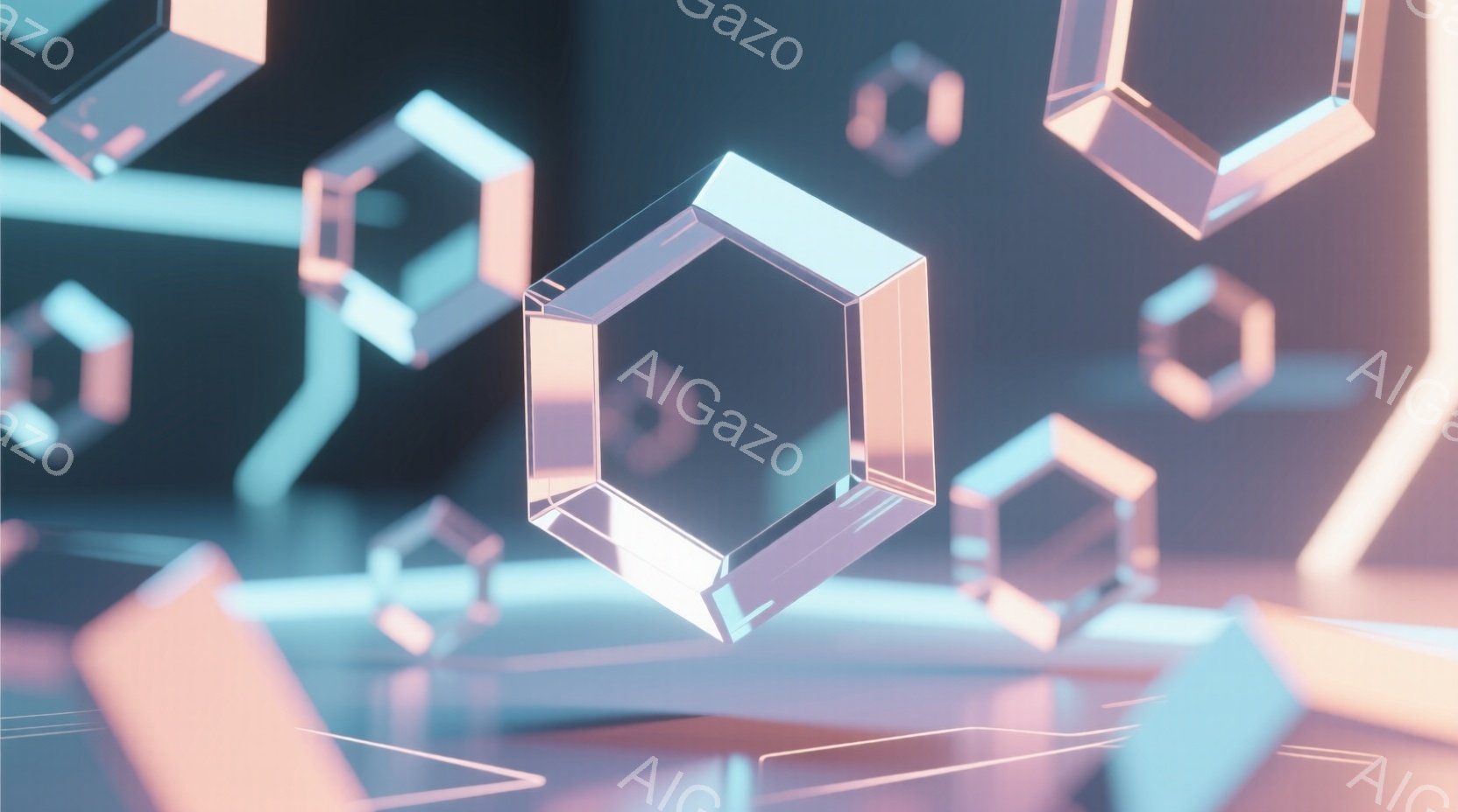 鮮やかな水色の光を放つ六角形の結晶体が、半透明のプラットフォーム上に浮かび、または配置されている。背景は幾何学的な線と光で構成され、未来的な雰囲気を醸し出している。全体的に、クールでミニマルなデザインであり、テクノロジーやデジタルアートを連想させる。