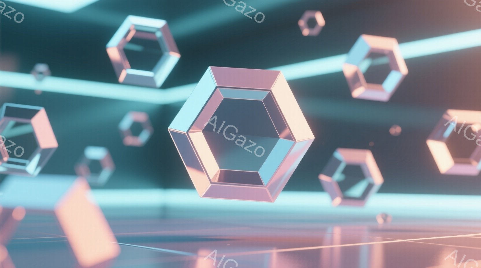 鮮やかな水色の床と壁に囲まれた空間に、様々な大きさの六角形の結晶が浮かんでいる様子が描かれています。結晶は光沢があり、周囲の光を反射して未来的な雰囲気を醸し出しています。全体的にクールで洗練された印象を与え、デジタルアートやSFの世界観を想起させます。