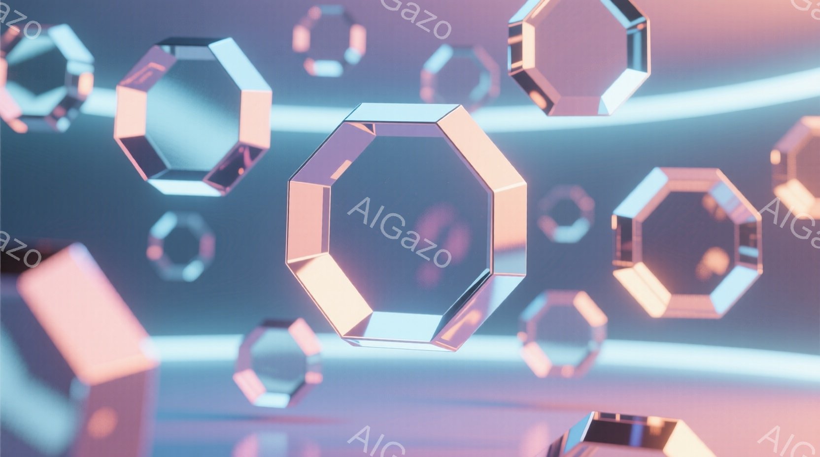 鮮やかな青とピンクのグラデーションを背景に、複数の六角形のプリズムが浮遊している様子が描かれている。プリズムは光を反射し、半透明で、背景の光が透過して幻想的な雰囲気を醸し出している。背景には、光る帯の - AI生成フリー素材