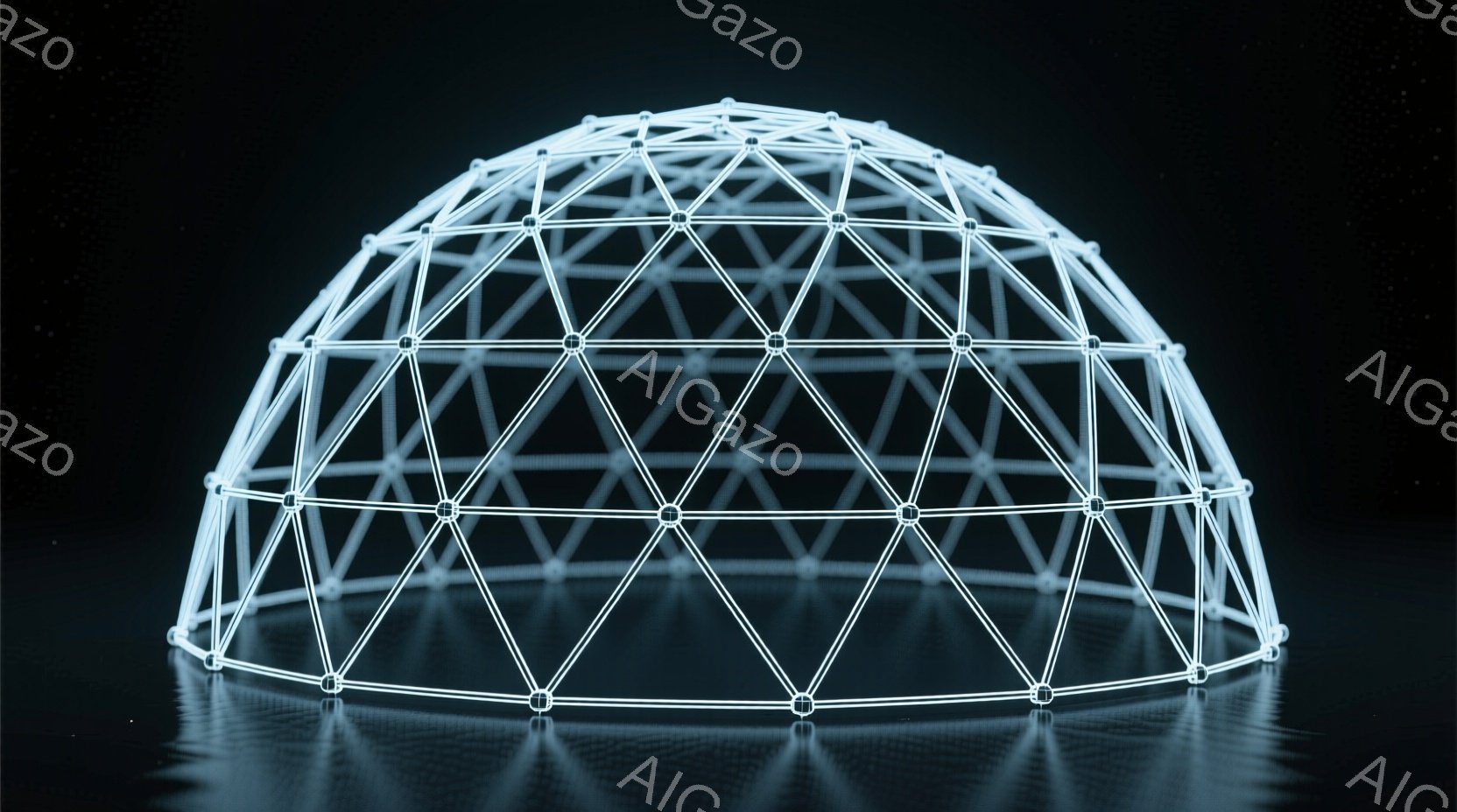 白い線で構成されたドーム状の構造物が、黒い反射面の上に立っている。構造は三角形の格子状パターンで構成され、未来的な印象を与える。反射面にはドームの像が映り込み、全体的に静かで神秘的な雰囲気を醸し出している。