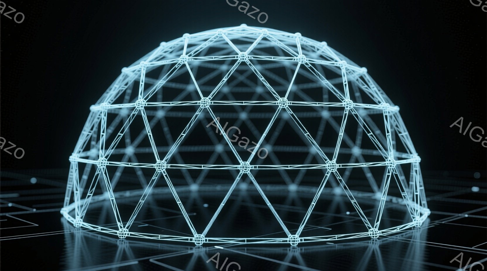 この画像は、青白い光で輝く球状の構造物が写っています。それは、多数の線とノードで構成されたドーム状のフレームワークで、まるで未来的な建造物の設計図のようです。背景は暗く、床面には反射と光のパターンが見られ、全体的にSF映画のような神秘的な雰囲気を醸し出しています。