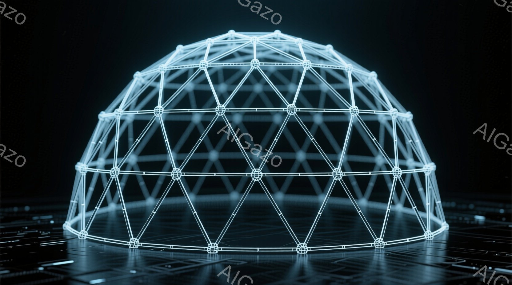 この画像は、未来的な青色の光で構成されたドーム型の構造物が中央に配置されています。ドームは線とノードで構成されており、内部は透けて見えるほど繊細な構造をしています。背景は暗く、床面には複雑な回路パター - AI生成フリー素材