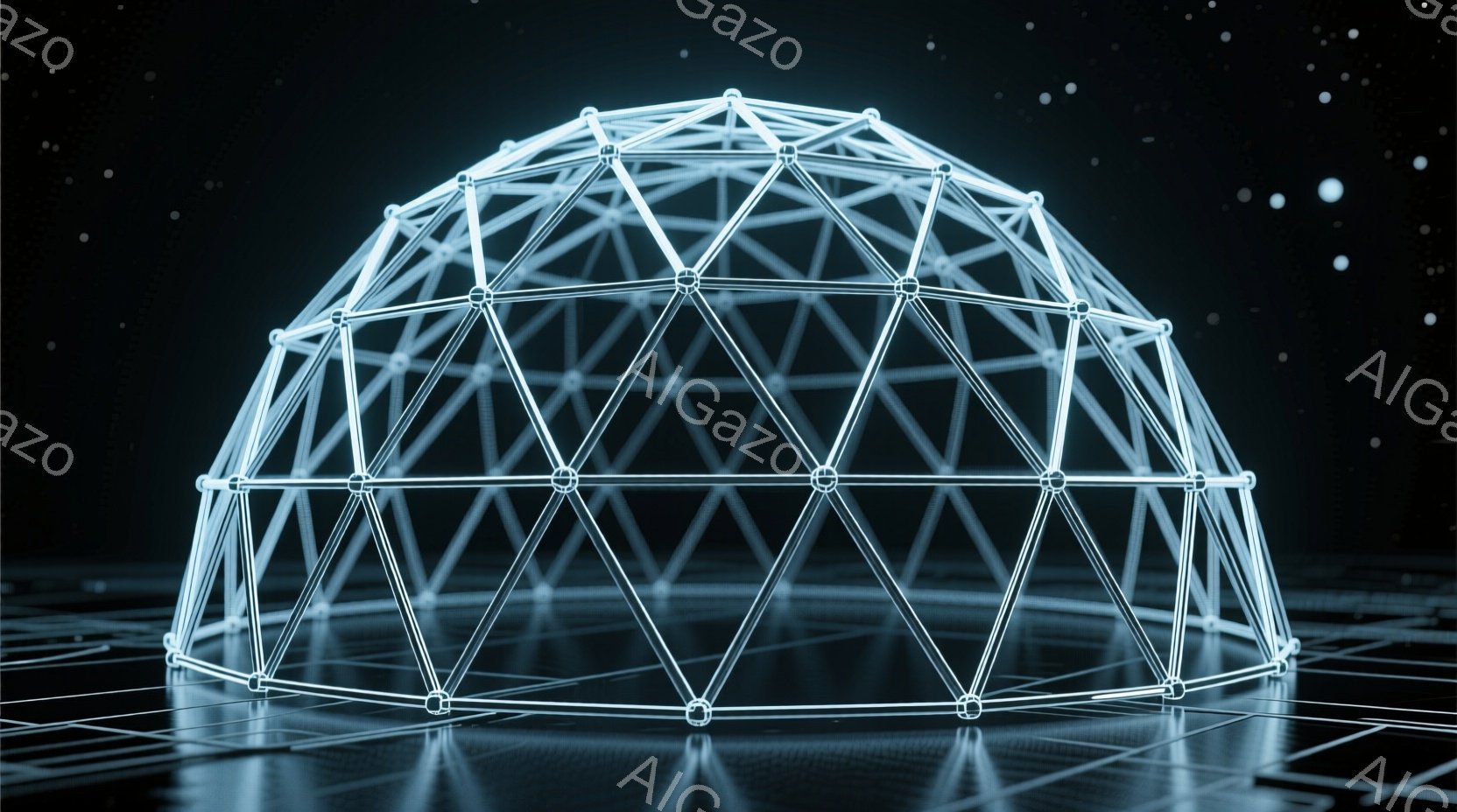 鮮やかな青色の光で構成されたドーム状の構造物が、格子状の背景の上に浮かび上がっている。構造物は細い線で構成され、幾何学的な美しさを放ち、未来的な印象を与える。背景は暗く、まるで宇宙空間のような雰囲気で、ドームが発する光が際立っている。