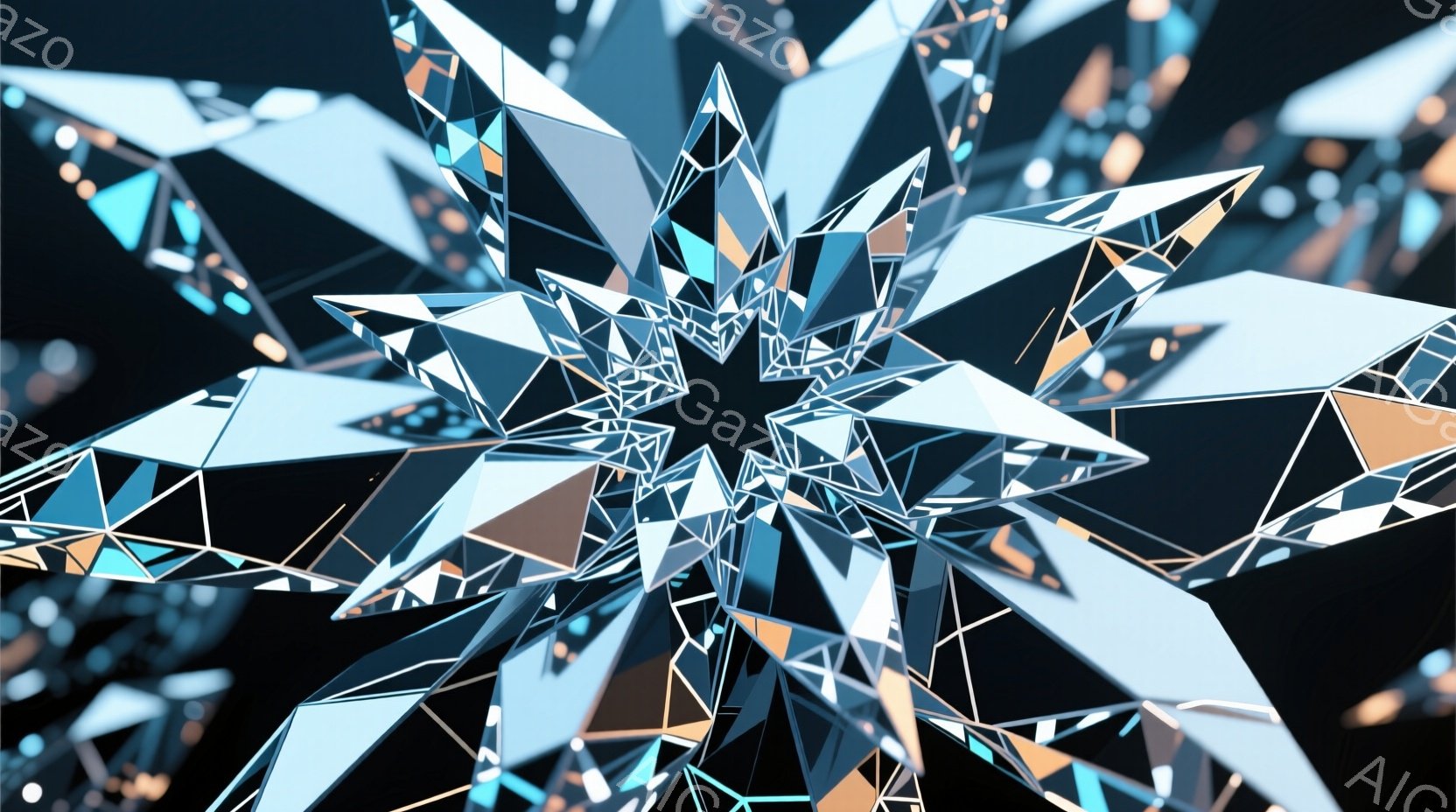この画像は、複雑に交差する多面体で構成された抽象的な構造物が中心に配置されています。青と白を基調とした冷たい色合いが特徴で、光の反射が幾何学的な形状を際立たせています。背景は暗く、構造物が光を放ち、未 - AI生成フリー素材