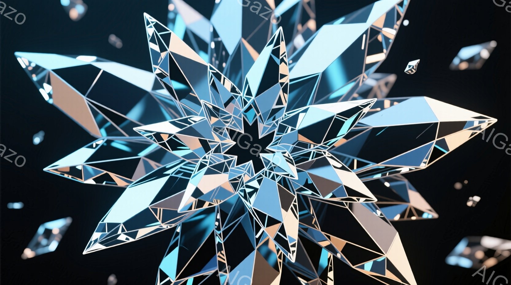 鮮やかな水色の多面体が無数に集まり、星のような形を成している。背景は漆黒の闇で、周囲にはさらに小さな多面体が散らばり、光を反射して幻想的な雰囲気を醸し出している。全体的に、割れたガラスや氷の結晶が組み合わさったような、シャープで美しい抽象表現である。