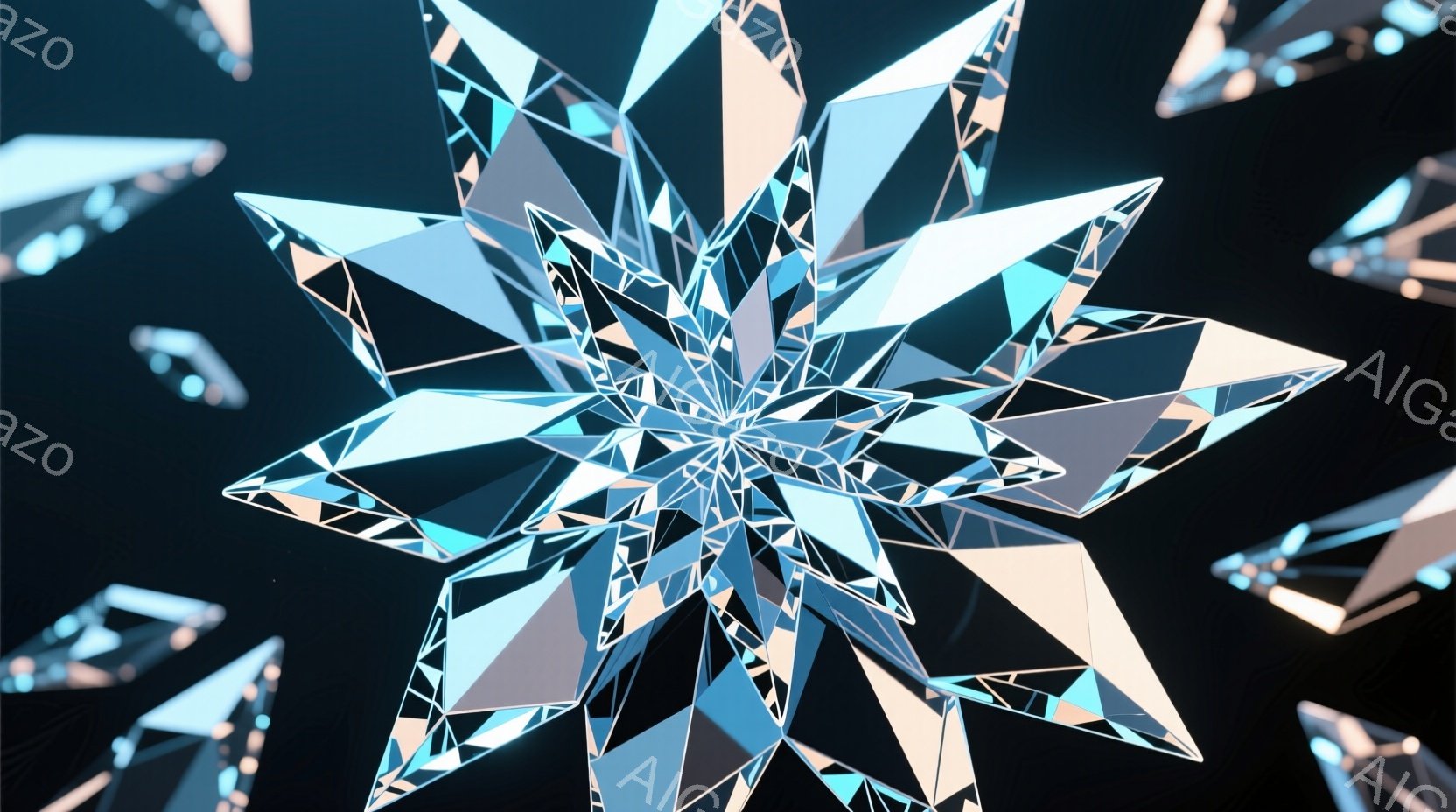 複雑な多面体構造が、暗い背景に浮かび上がっています。光沢のある水色と白を基調とした幾何学模様は、まるで凍てつく雪の結晶のようです。周囲にも同様の構造物が散らばっており、幻想的で未来的な雰囲気を醸し出しています。