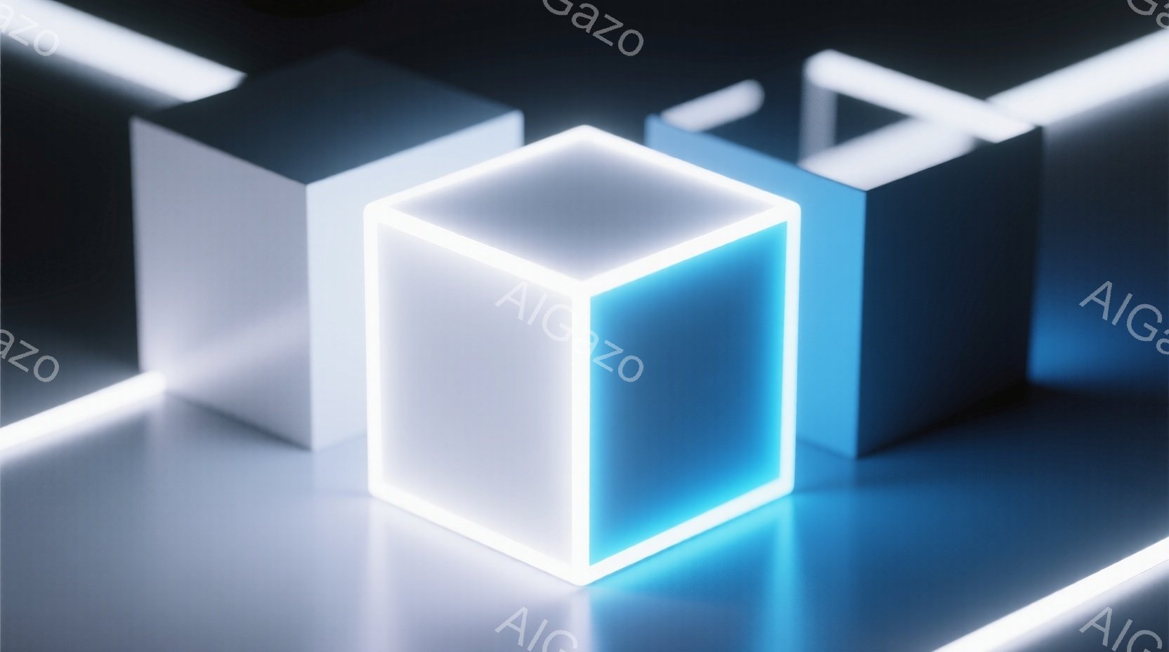 この画像は、ネオンライトで縁取られた白い立方体がいくつか並んだ、未来的な空間を描いています。立方体は光を放ち、反射する床にその姿を映し出し、全体的にクールでミニマルな雰囲気を醸し出しています。背景は暗く、焦点は立方体とその光に集中しており、現代的なデジタルアート作品のような印象を与えます。