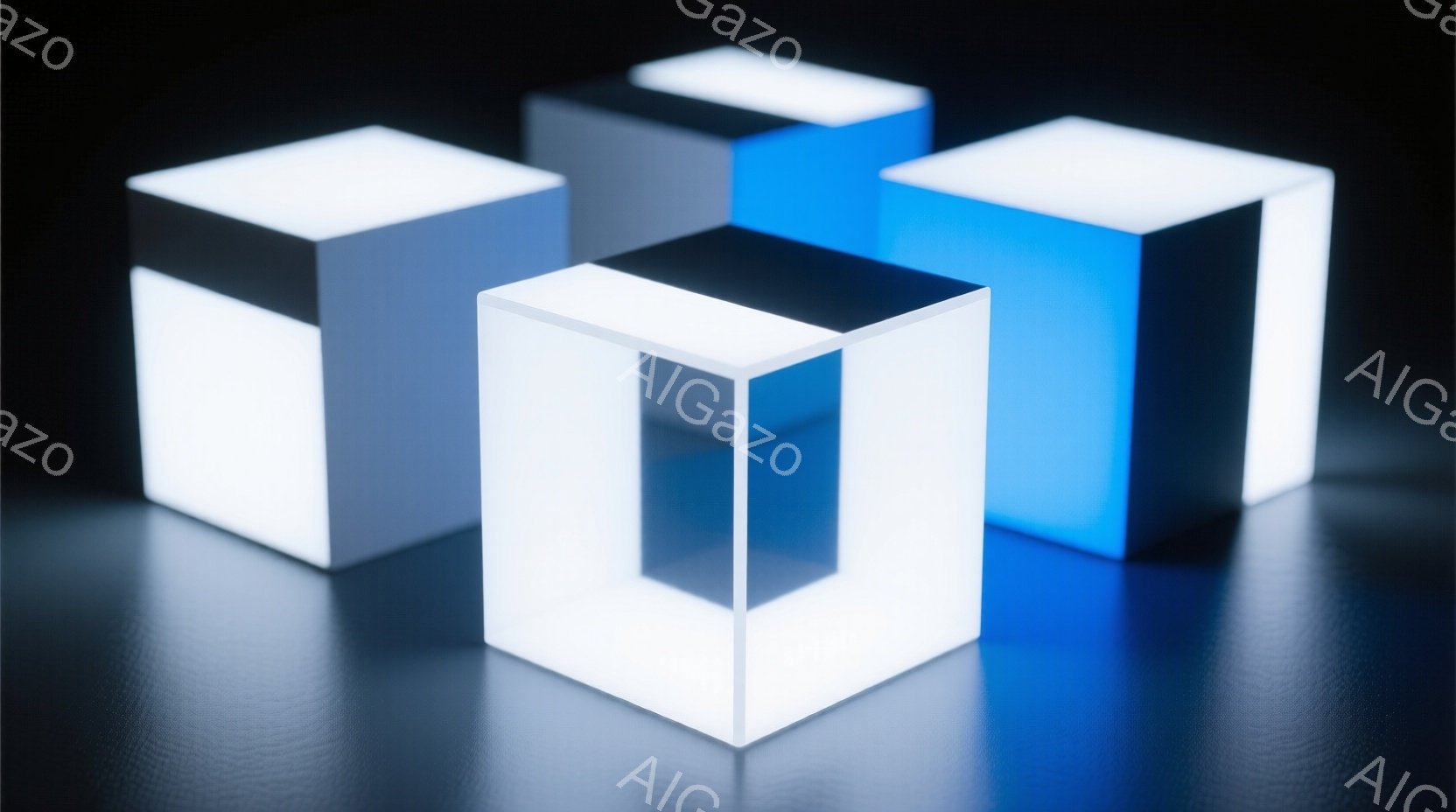 鮮やかな光を放つ立方体が複数、暗い背景に浮かび上がっています。各立方体は光沢があり、それぞれの色が異なり、互いに重なり合って奥行きを作り出しています。全体的に未来的で、ミニマルな雰囲気を醸し出しています。