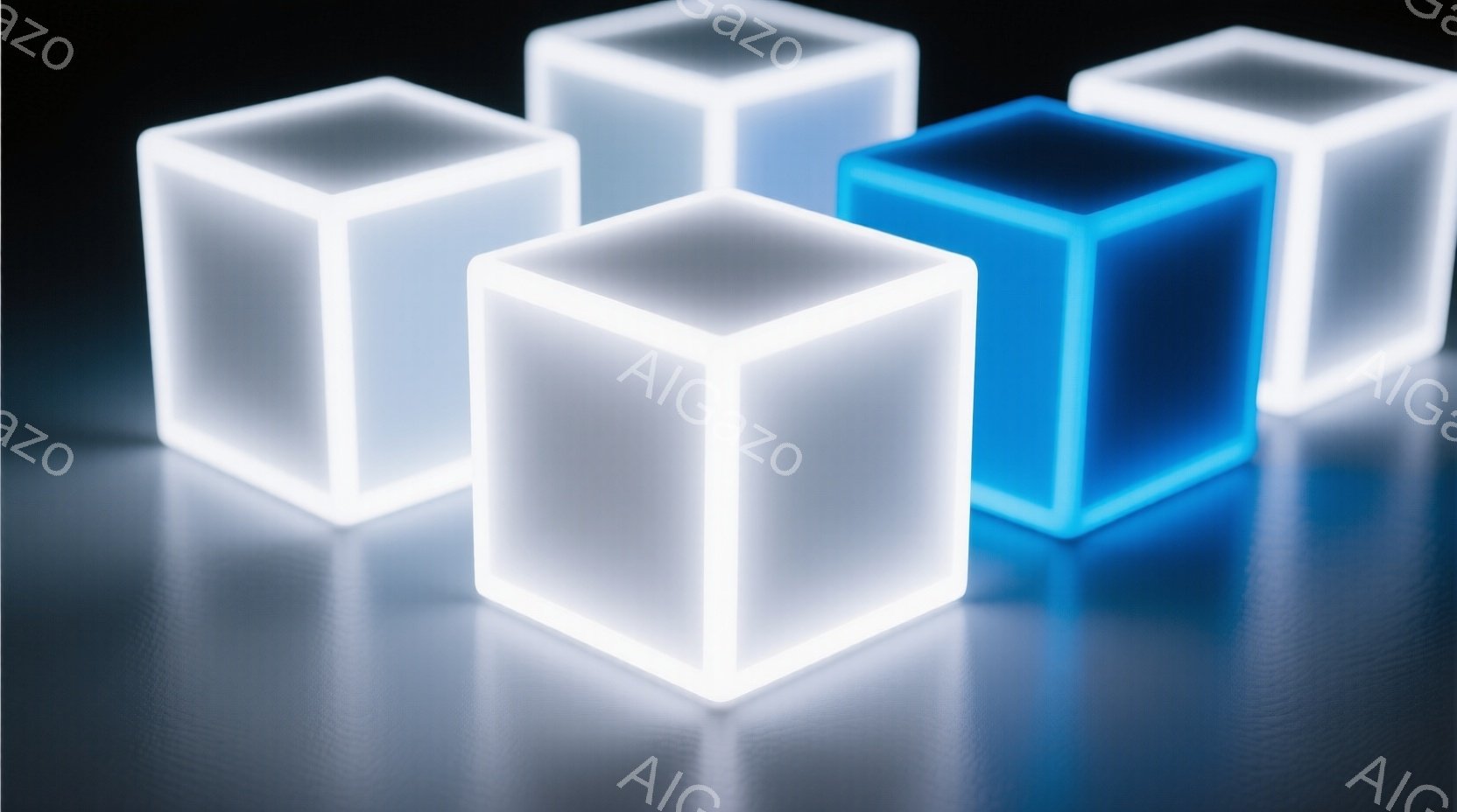光る立方体が、濃いグレーのテクスチャードされた表面に配置されている。ほとんどの立方体は明るい白く光り、一つだけ鮮やかな青色に輝いている。全体的に、未来的な、ミニマルな雰囲気を持ち、光と影のコントラスト - AI生成フリー素材