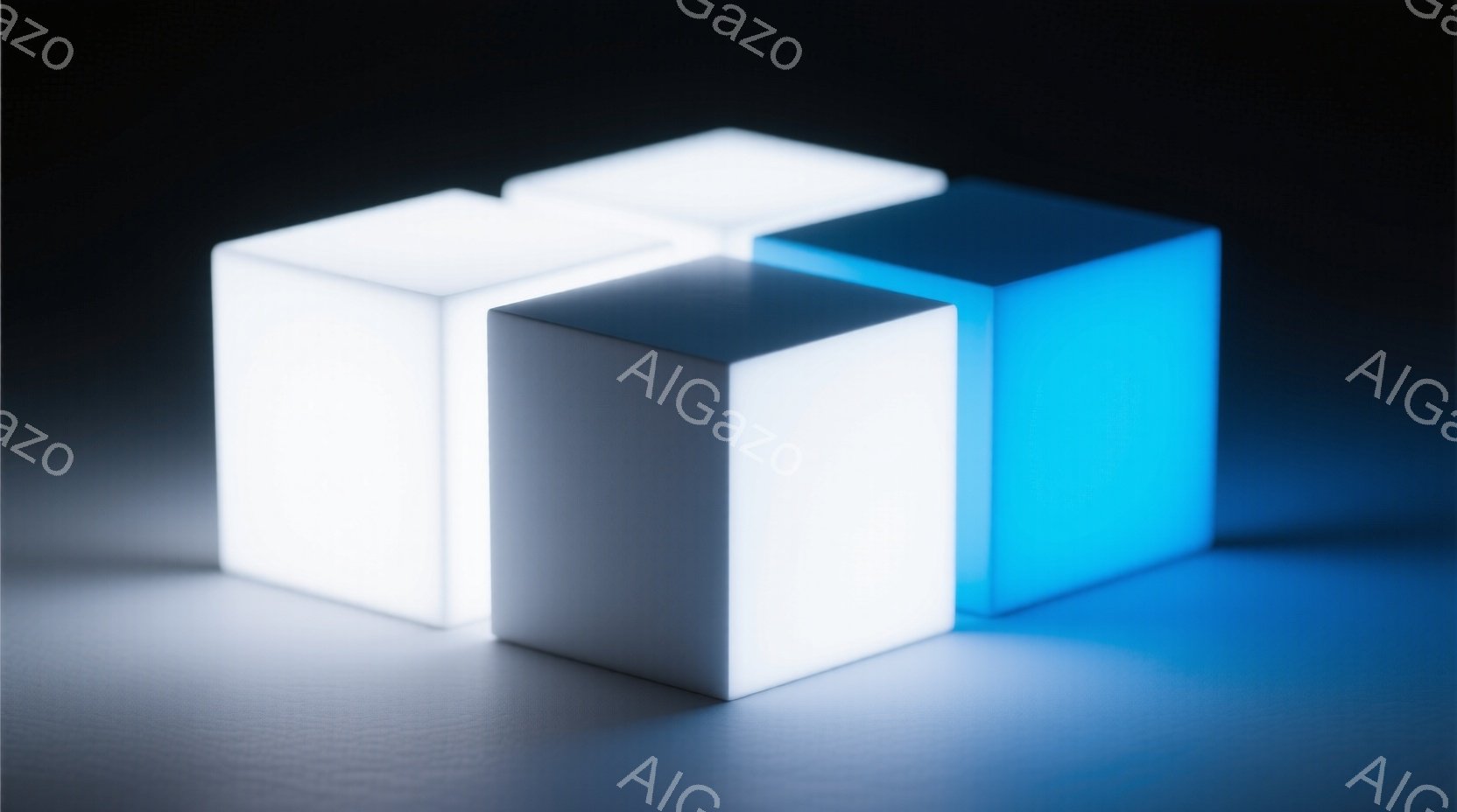 画像には、光を放つ白い立方体がいくつか並んでいる様子が写っています。立方体は均一に光っており、青みがかった白い光と、より純粋な白い光のバリエーションが見られます。背景は暗く、立方体が光を放つことで、未来的な雰囲気が漂っています。