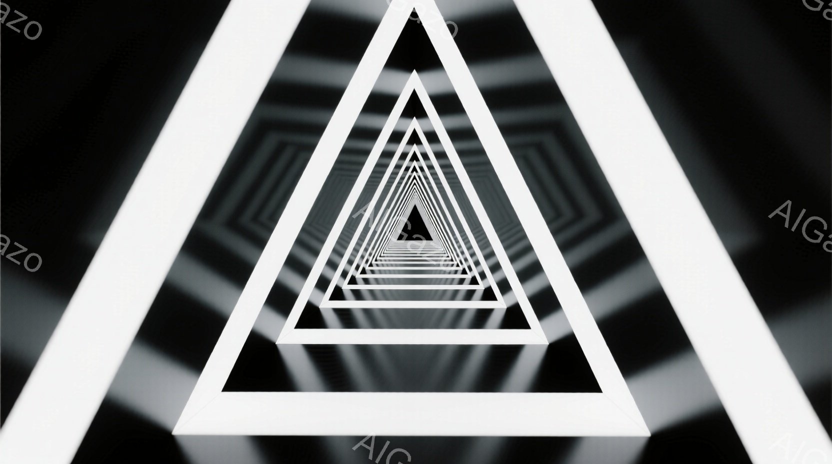 この画像は、同心円状に配置された三角形が無限に続く視覚的な錯視を作り出しています。白と黒のコントラストが強く、奥行きと無限の感覚を強調しています。この抽象的な構図は、未来的なトンネルや無限に広がる空間を連想させます。