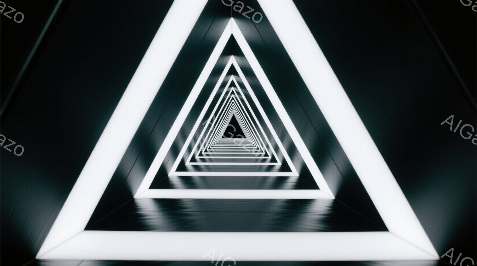 無限に続く三角形のトンネルが描かれています。明るい白い光が各三角形を縁取り、暗い背景とのコントラストが強い印象を与えます。この視覚的なトリックは、奥行きと無限の感覚を生み出し、未来的な雰囲気を醸し出し - AI生成フリー素材
