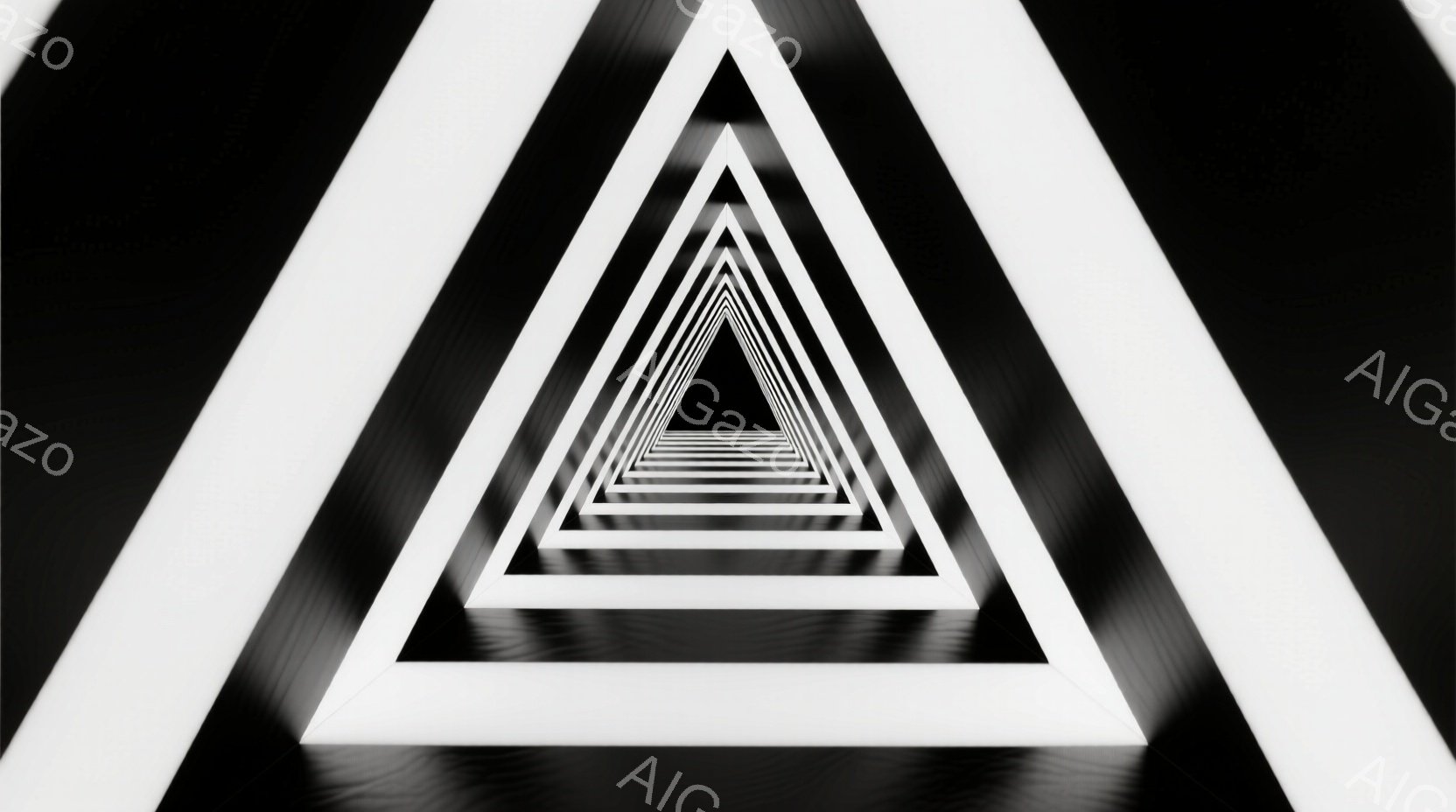 この画像は、無限に続くように見える白い枠で構成された三角形のトンネルを描いています。各枠は徐々に小さくなり、遠近法によって奥行きが強調されています。全体的に、シンプルでありながら没入感のある、幾何学的な抽象空間を作り出しています。