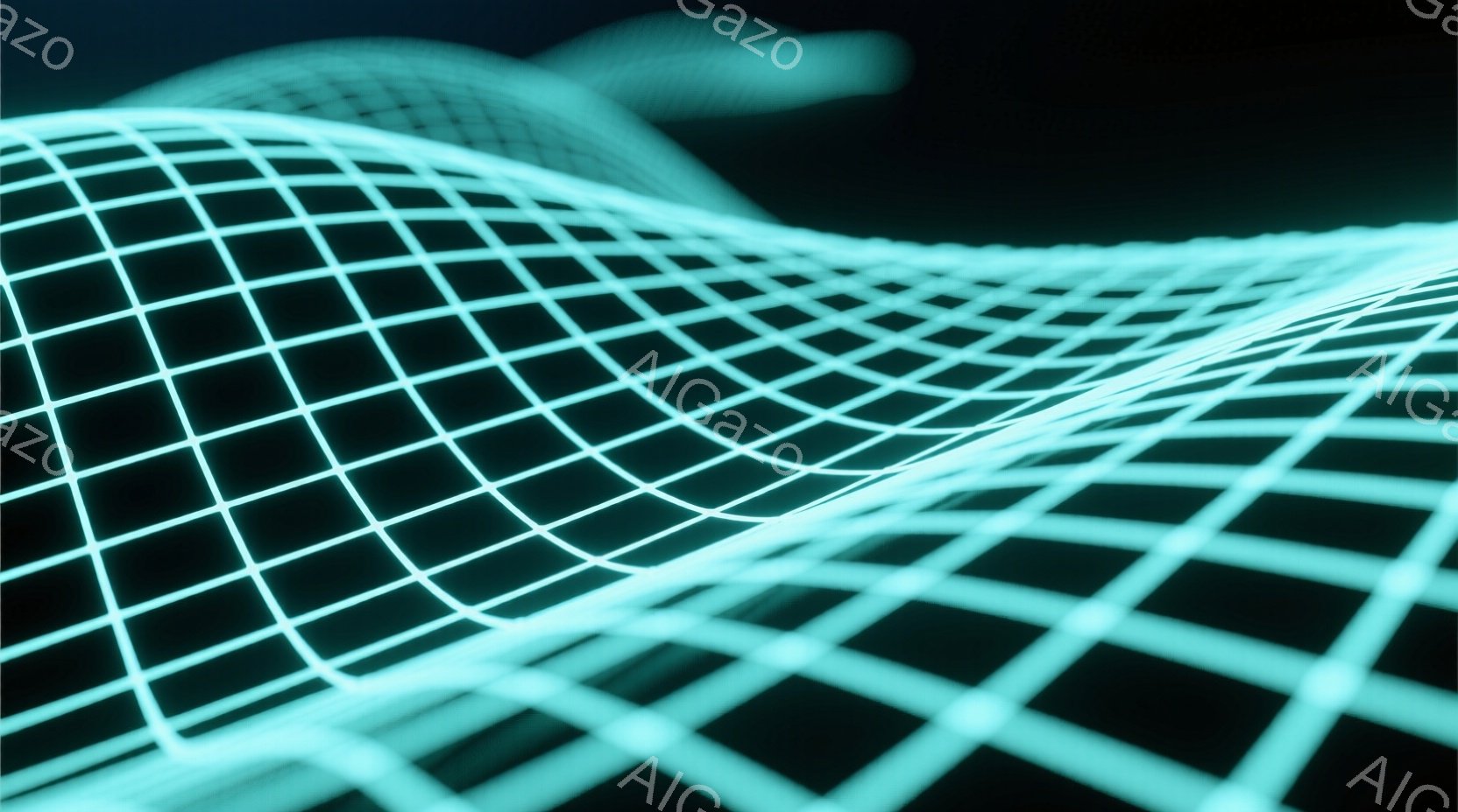 この画像は、青緑色の光るグリッドが波打つように伸びている様子を捉えたものです。グリッドは遠近法によって消失点に向かって収束し、未来的な空間を暗示しています。背景は暗く、グリッドの光が際立ち、サイバーパ - AI生成フリー素材