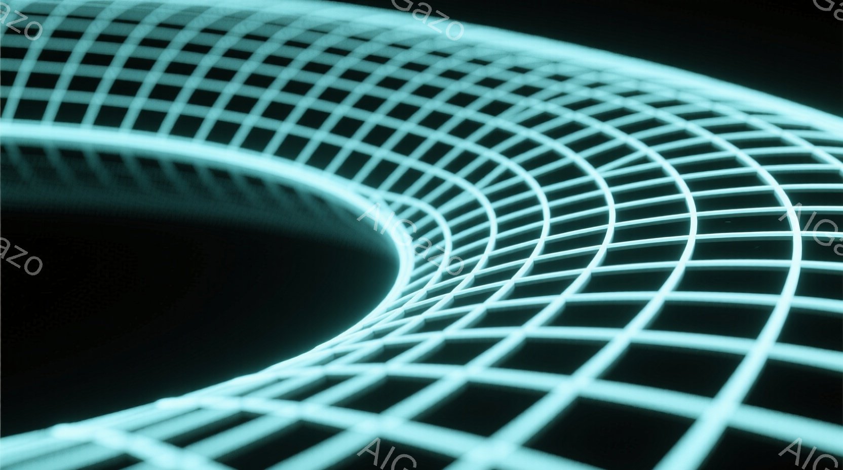 鮮やかな水色の光の線が網目状に組み合わさり、渦巻くトンネルのような構造を描いている。暗い背景とのコントラストが強く、まるで空間が歪んでいるかのような視覚効果を生み出している。全体的に未来的な、サイバーパンク的な雰囲気を感じさせる。