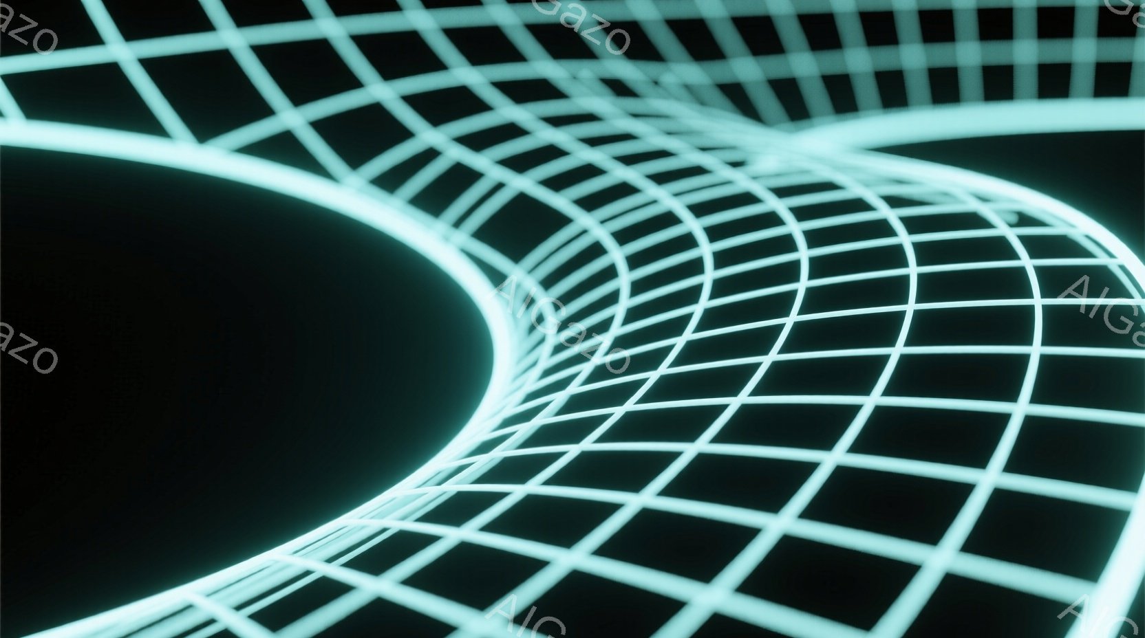 画像は、緑色の光る格子状のトンネルまたはチューブを表しています。格子は視点の歪みによって曲線を描き、中央に向かって収束しています。全体的に未来的な、サイバーパンク的な雰囲気で、空間の歪みを強調した抽象的な表現です。